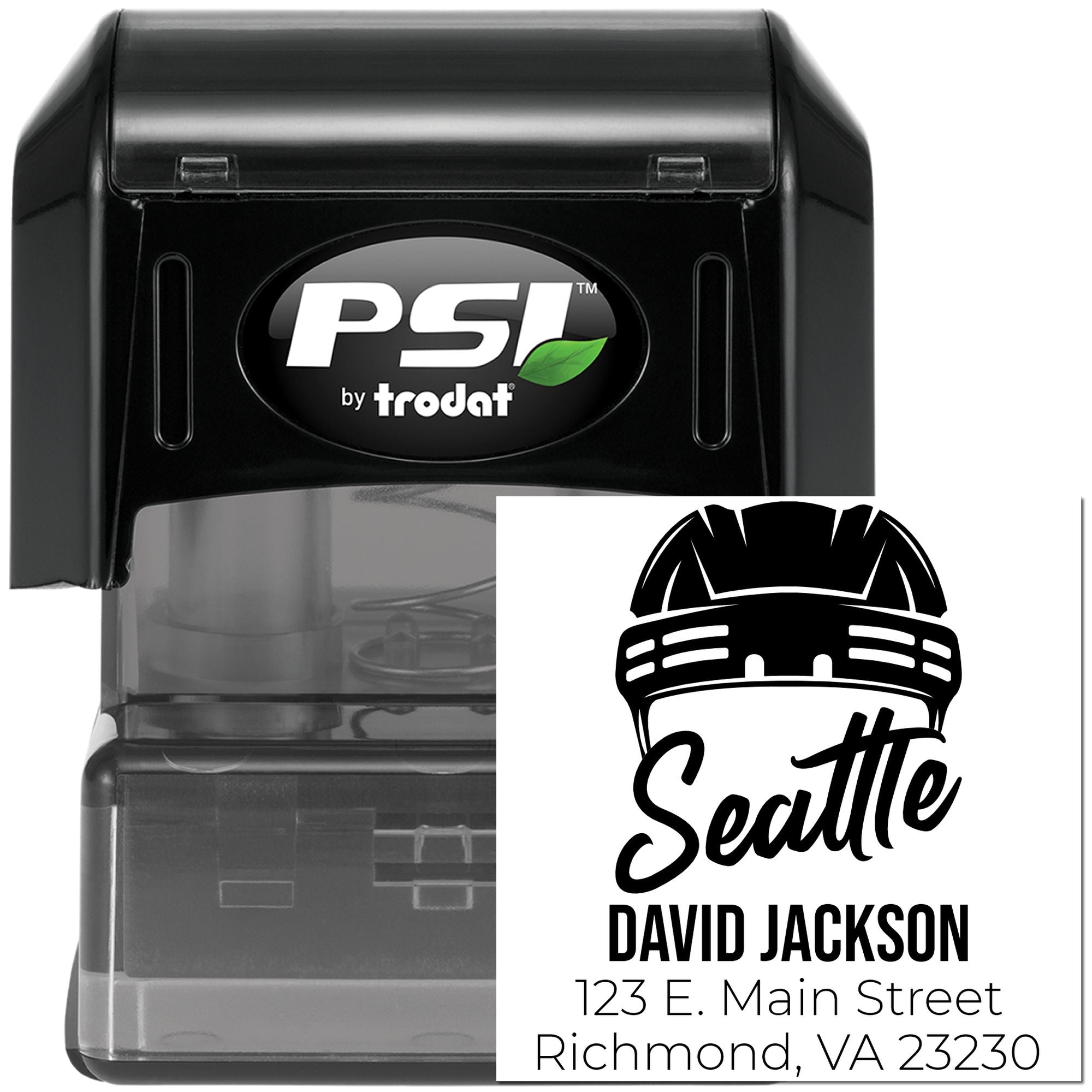 PSI by Trodat self-inking custom address rubber stamp with Seattle design, David Jackson name, and return address.