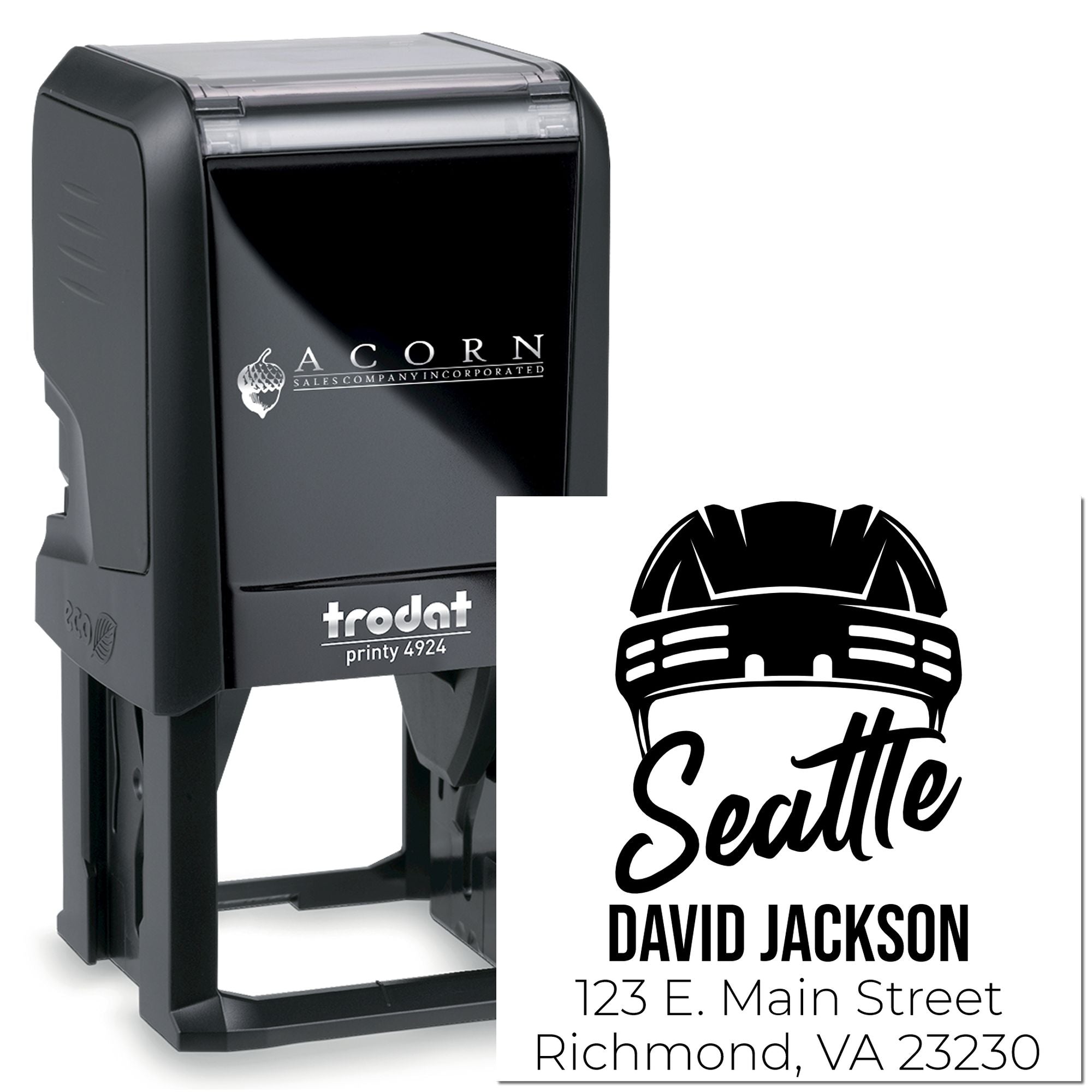 Custom self-inking rubber stamp with hard hat logo, Seattle name, and Richmond VA address for business branding and return mail.