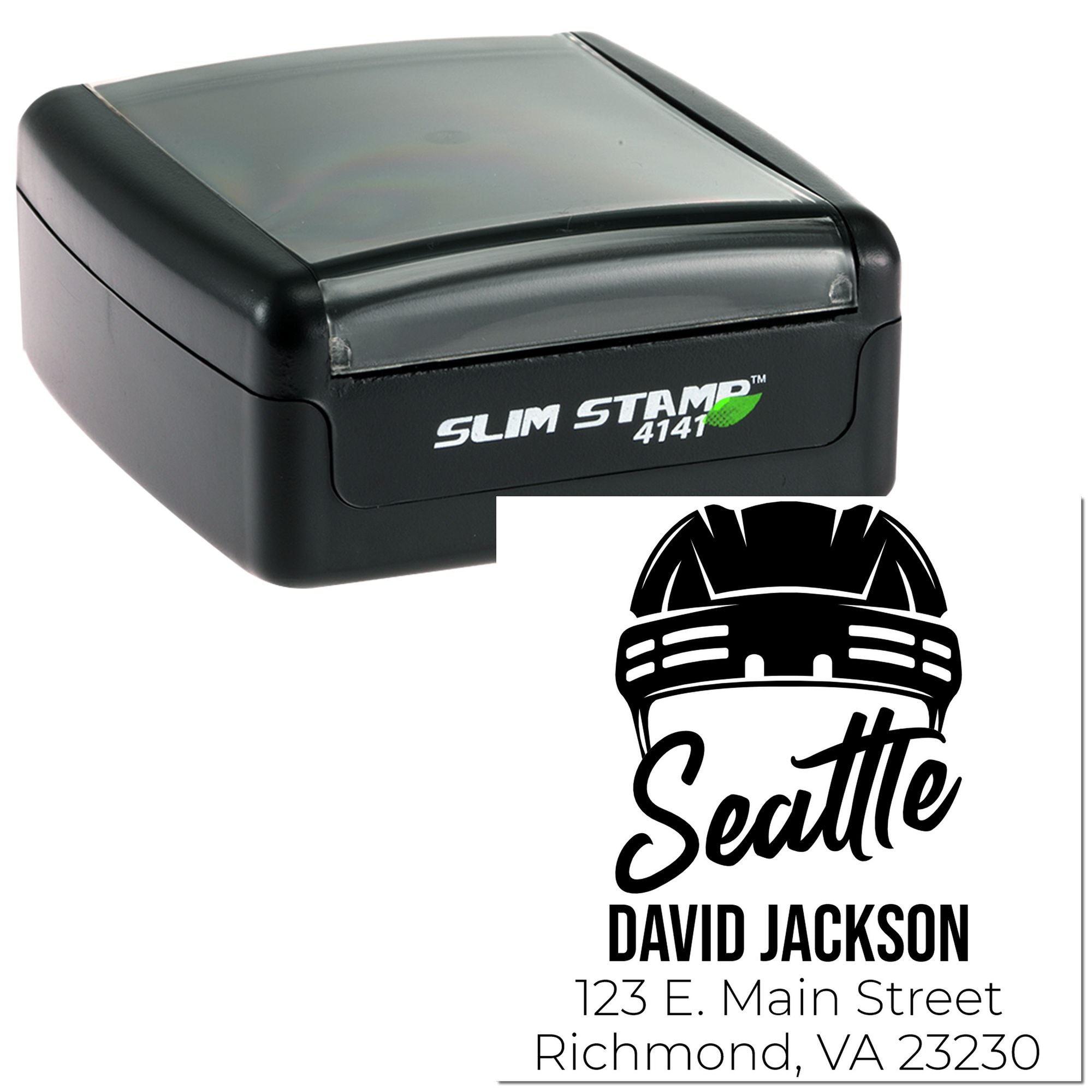 Self-inking Slim Stamp 4141 custom address rubber stamp with Seattle name and address for business mailing