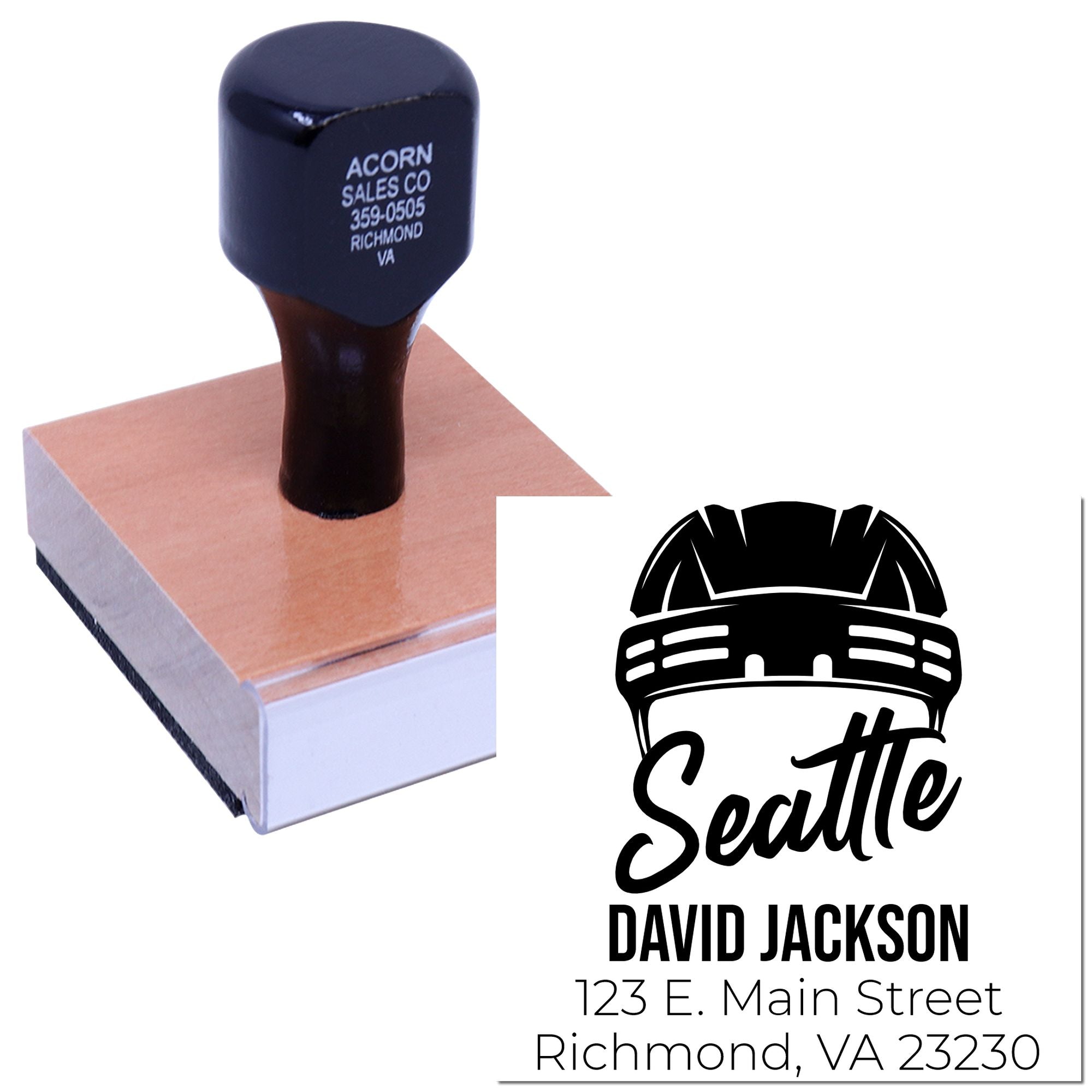 Custom address rubber stamp with hard hat logo, Seattle name, and business address for contractor branding.