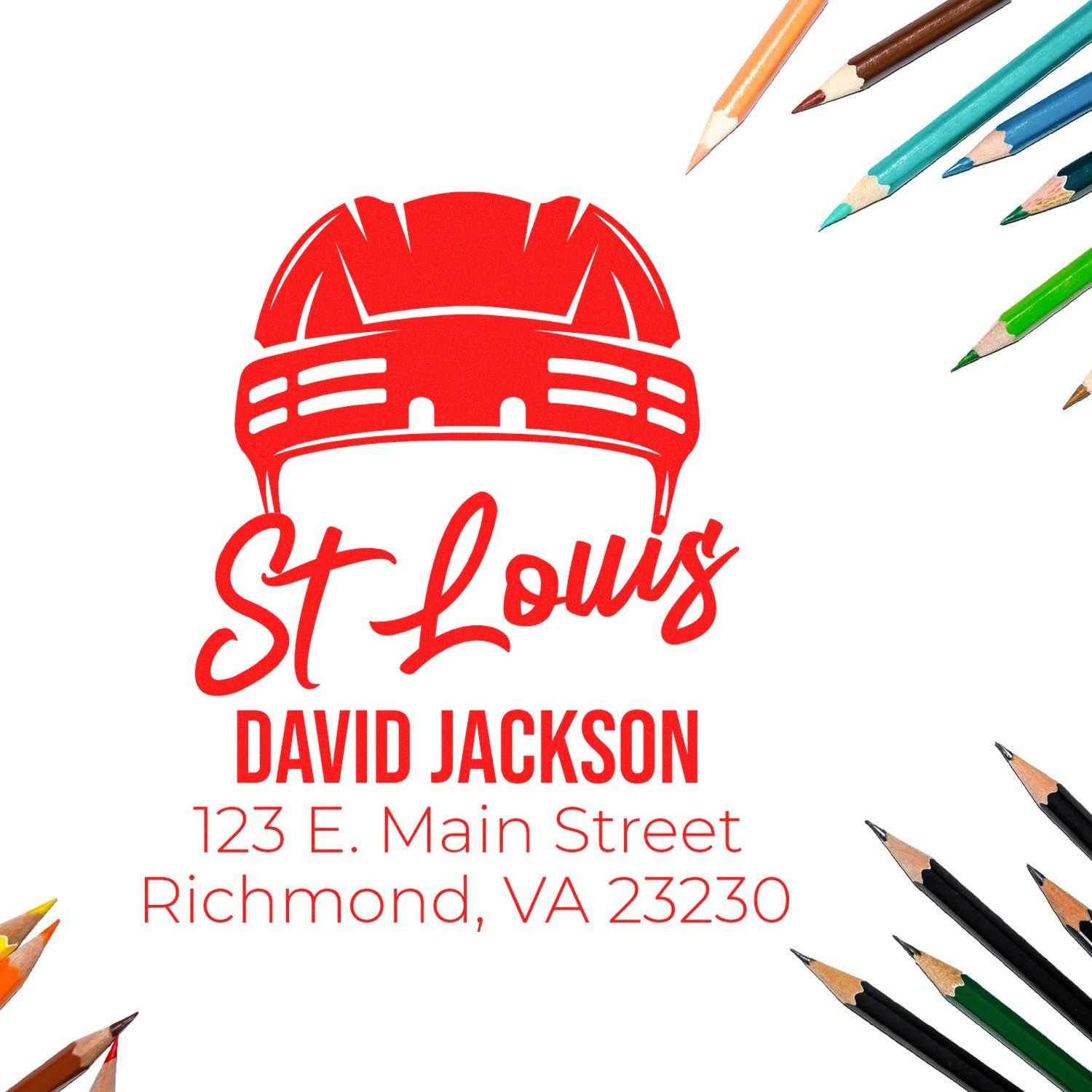 Custom return address rubber stamp with red hard hat logo, St. Louis, and David Jackson in Richmond, VA.