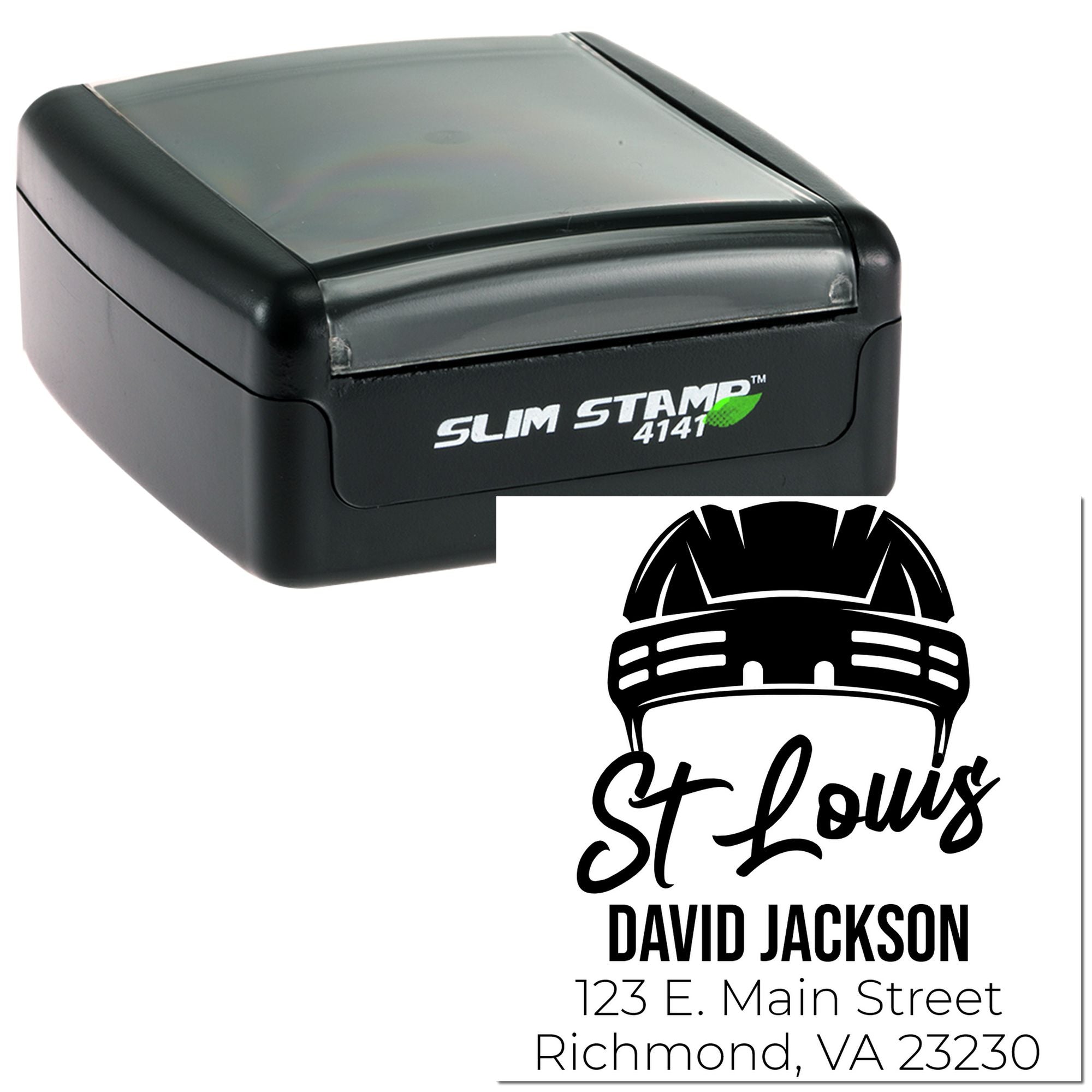 Custom self-inking rubber address stamp with St. Louis logo, David Jackson name, and Richmond, VA return address.