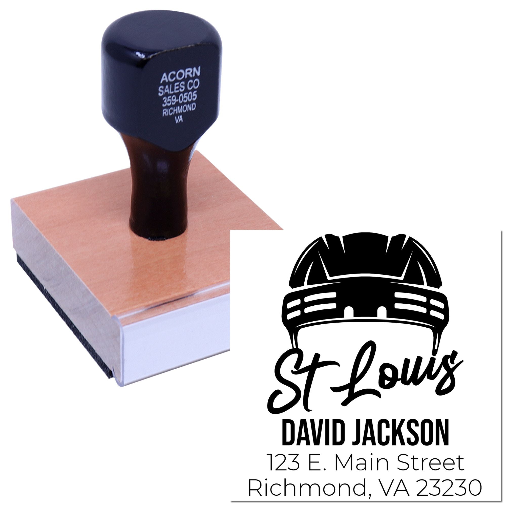 Custom rubber stamp with St. Louis logo, name, and address for business branding and personalized return-address stamping.