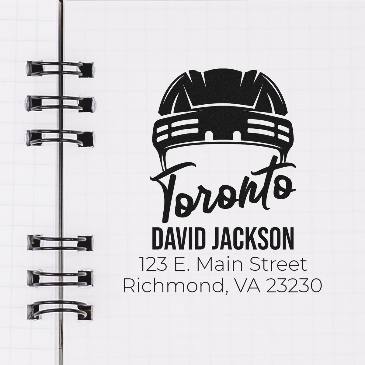 Custom Toronto rubber stamp design with hard hat logo, David Jackson name, and Richmond VA address for business branding.