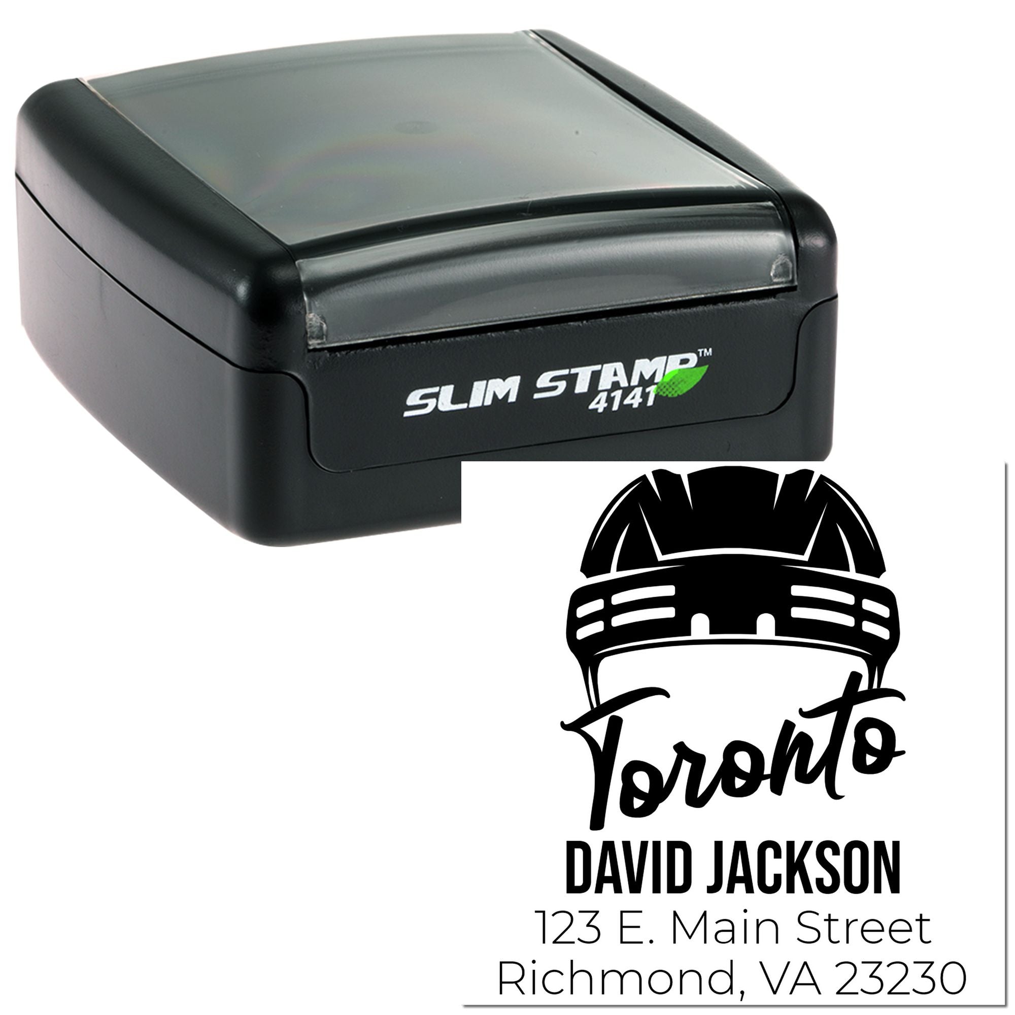 Self-inking Slim Stamp 4141 custom address rubber stamp with Toronto skyline design and David Jackson imprint.