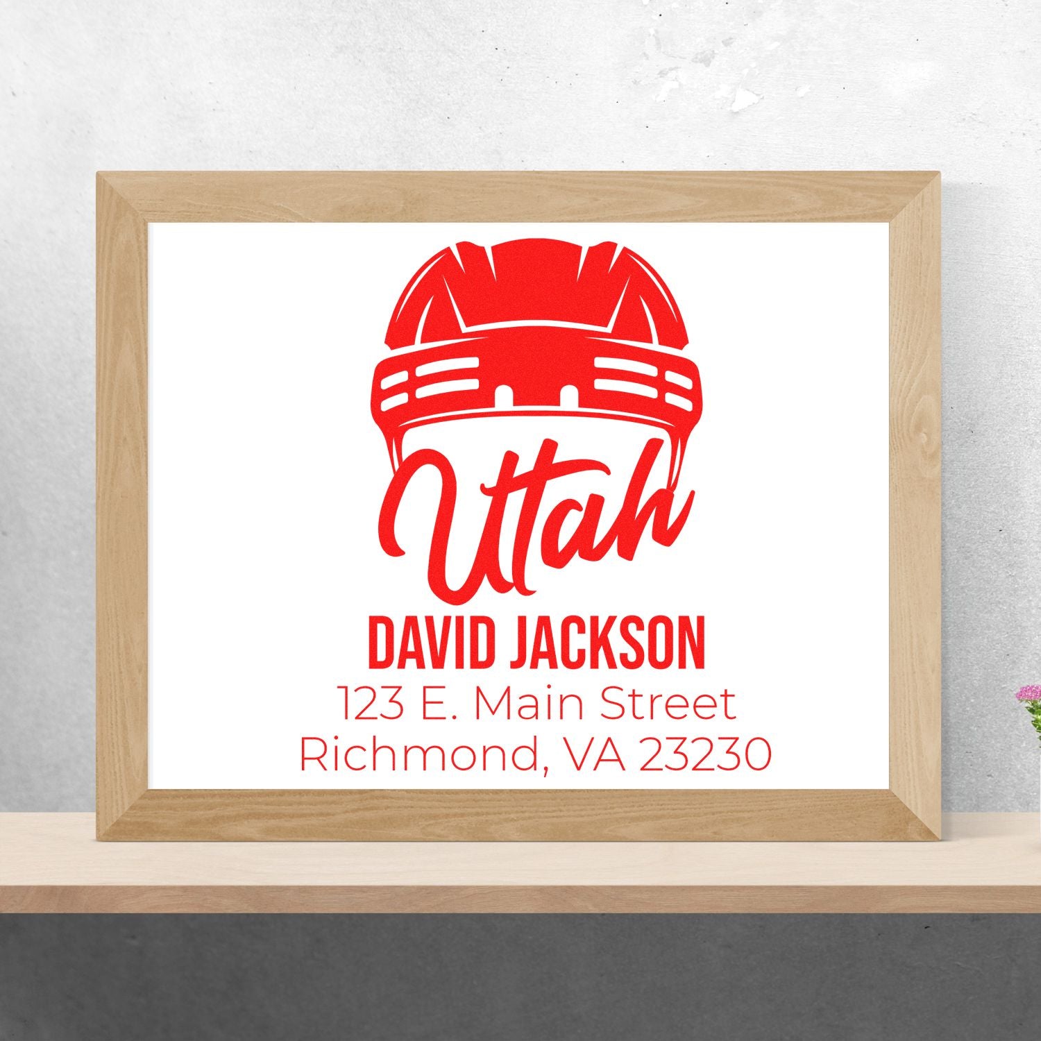 Custom Utah construction return address stamp with hard hat logo, David Jackson name, Richmond, VA address.