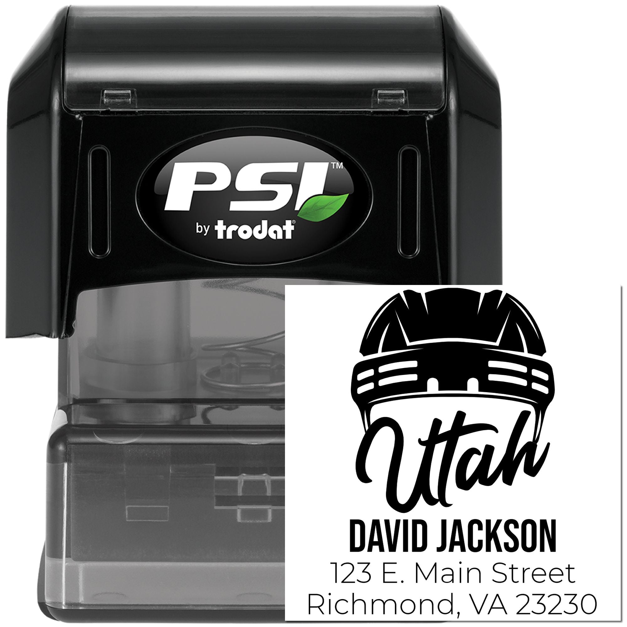 Custom self-inking rubber stamp by PSI Trodat with Utah hard hat logo, name, and address for business branding.