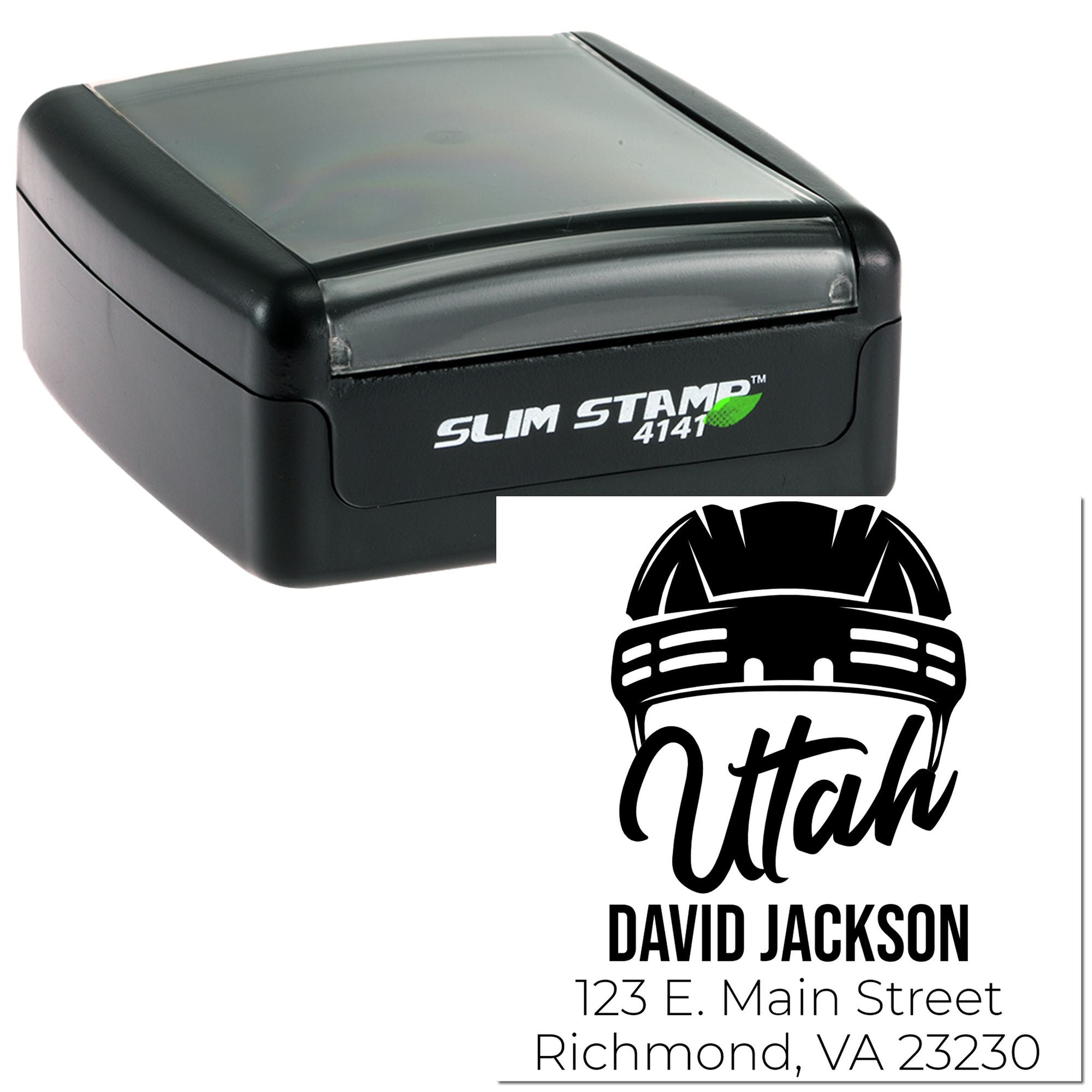Custom self-inking rubber return address stamp with Utah logo, David Jackson name, and Richmond, VA address