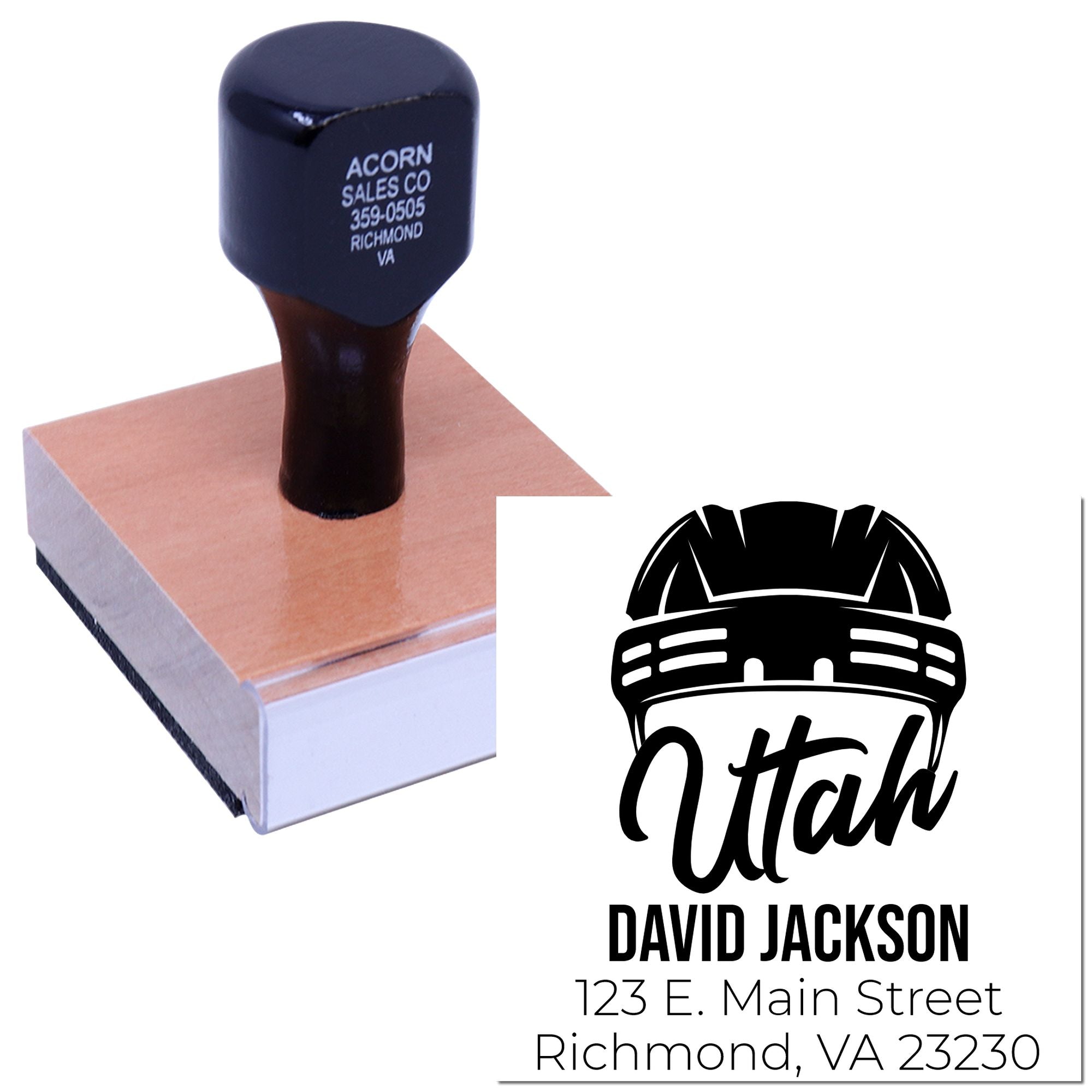 Custom rubber stamp with hard hat logo, name, and address for David Jackson contractor branding in Richmond, VA.