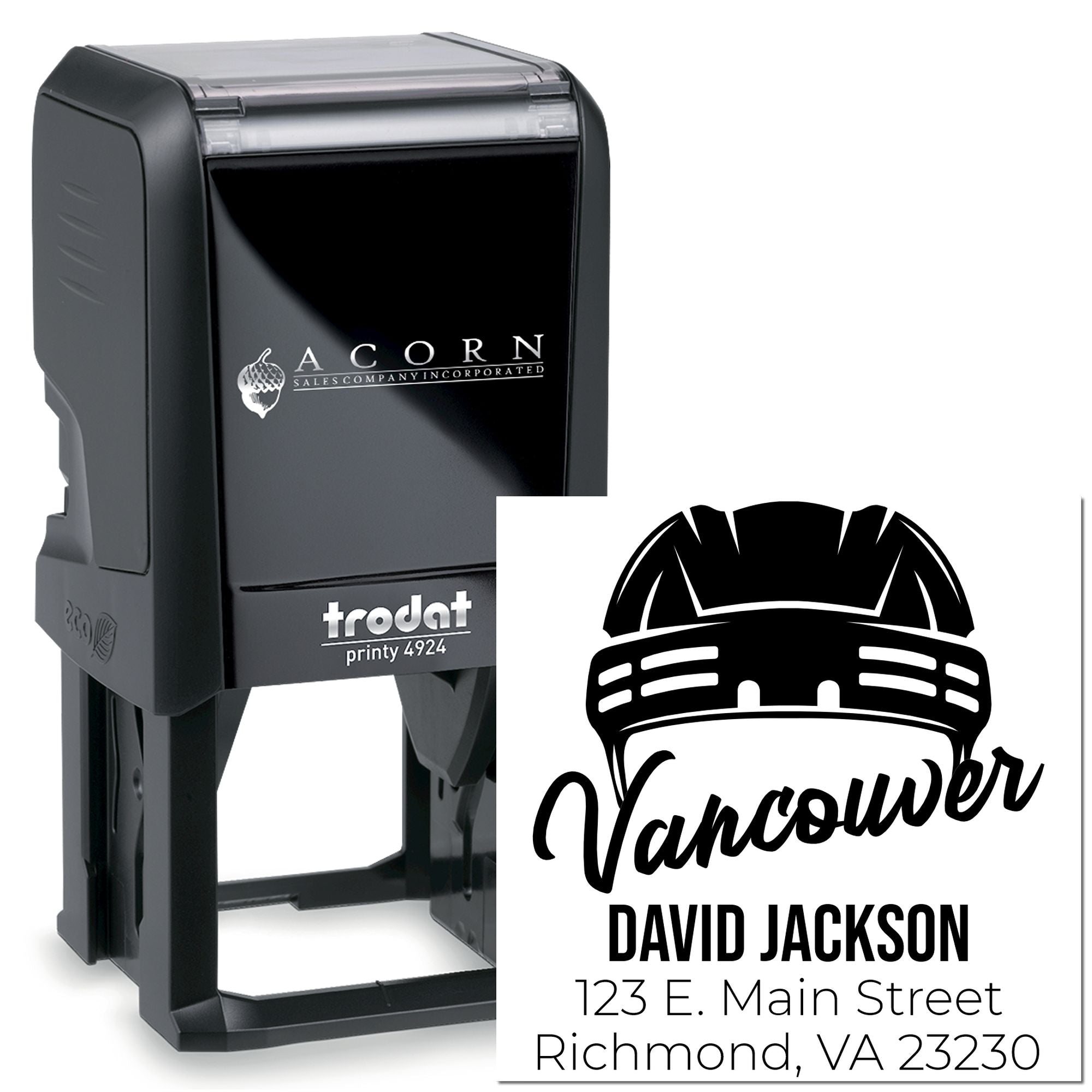 Trodat Printy 4924 custom self-inking rubber address stamp with Vancouver hockey logo and David Jackson return address.