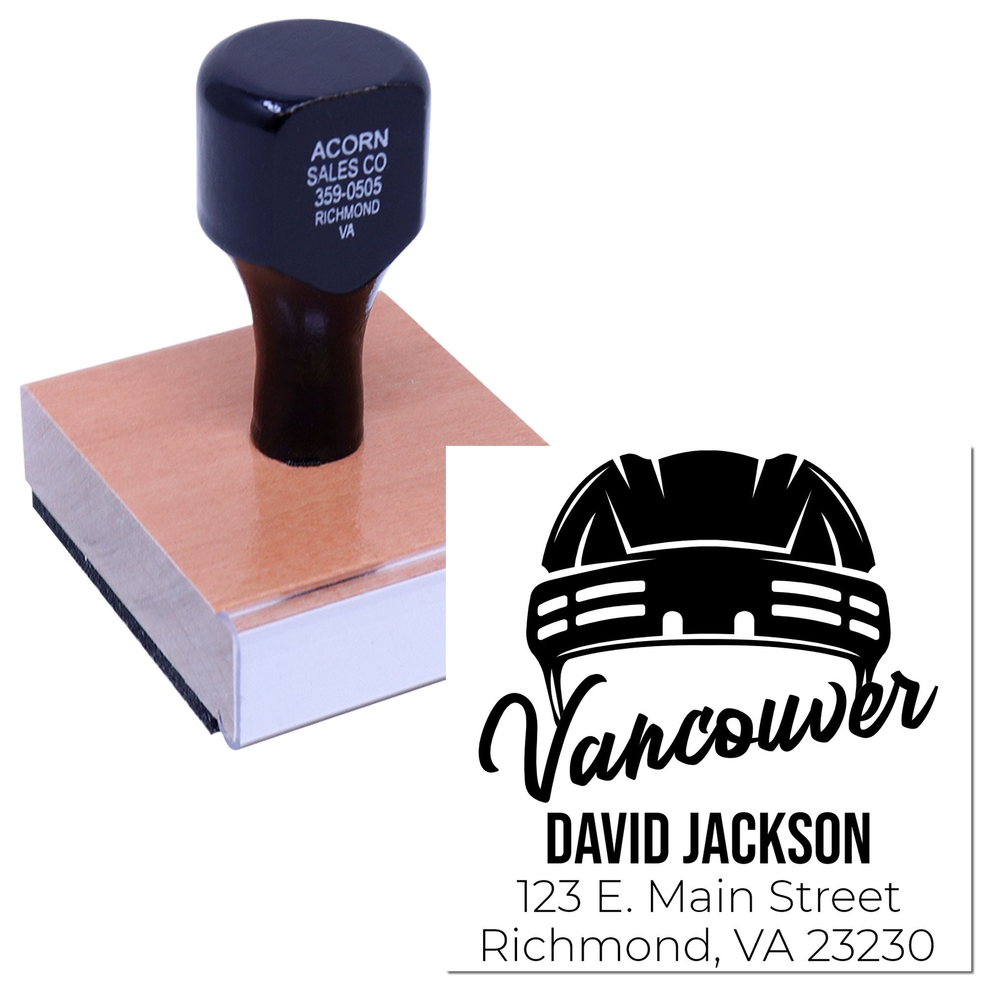 Custom rubber address stamp with logo and name for business branding, mailings, and professional envelopes.
