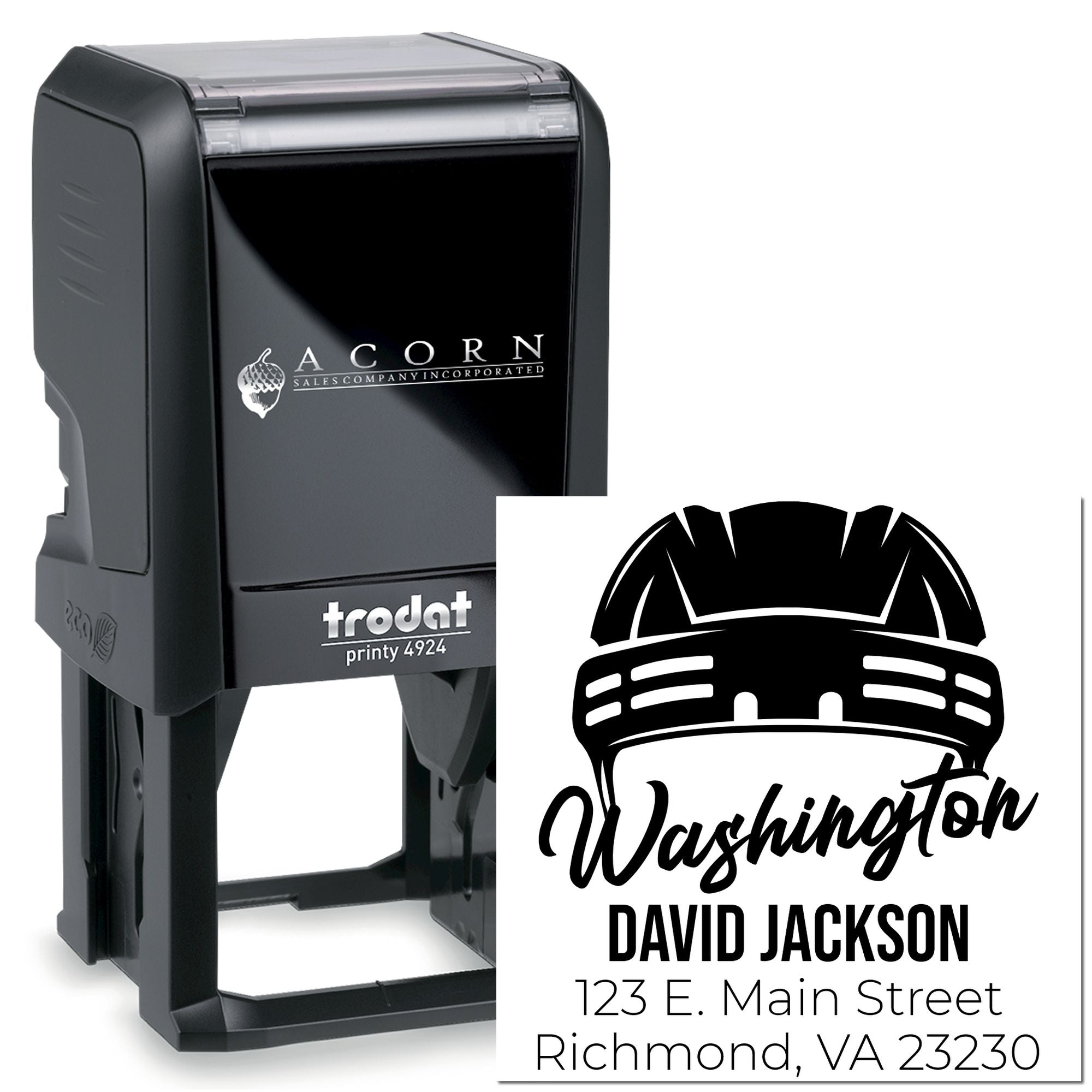 Custom self-inking rubber stamp, Trodat Printy 4924, with Washington logo, name, and address for business mailing use.