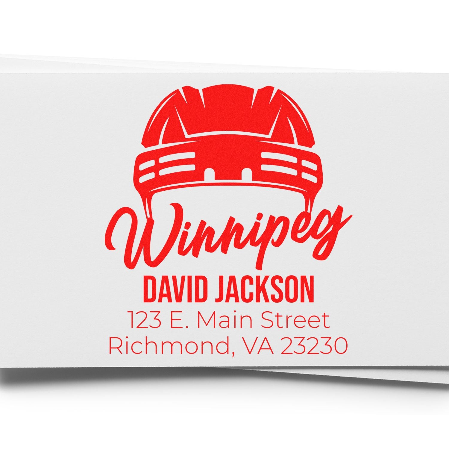 Custom firefighter helmet return address rubber stamp for David Jackson, Winnipeg, 123 E. Main Street, Richmond, VA 23230.