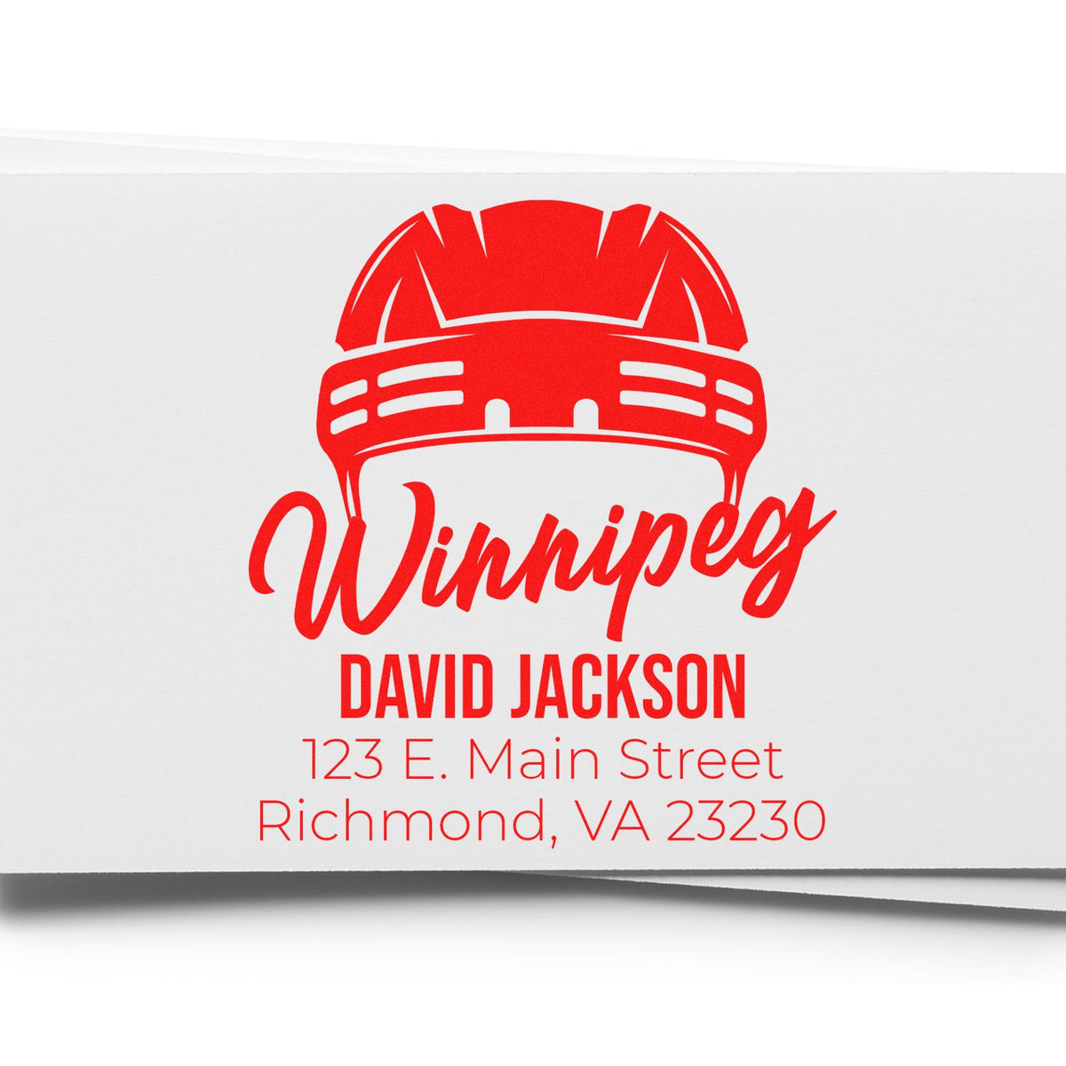 Custom logo rubber stamp with hard hat icon, Winnipeg name, and David Jackson address.