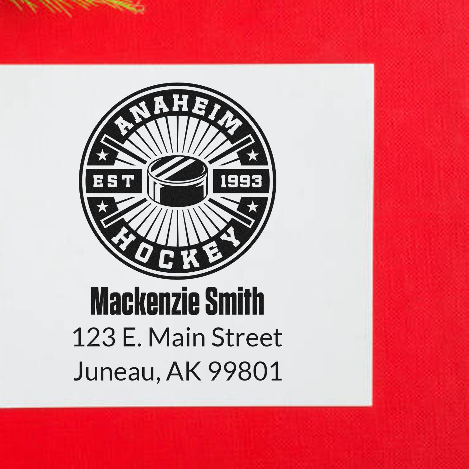 Custom Anaheim Hockey rubber stamp with Mackenzie Smith name and Juneau, AK address for personalized return address use.