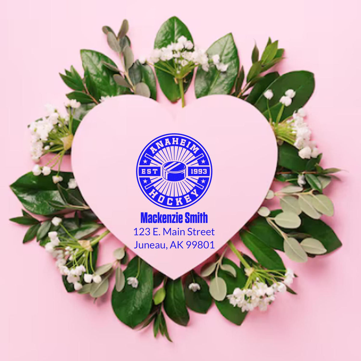 Custom Anaheim Hockey return address rubber stamp with Mackenzie Smith and Juneau, AK address on a floral heart design.