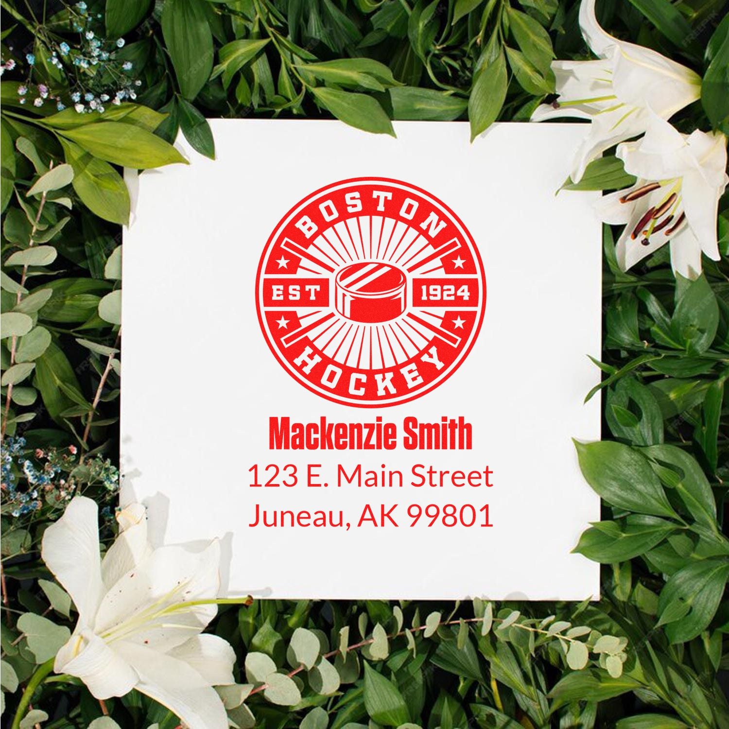 Personalized Boston Hockey rubber address stamp with MacKenzie Smith, Juneau, AK return address in red.