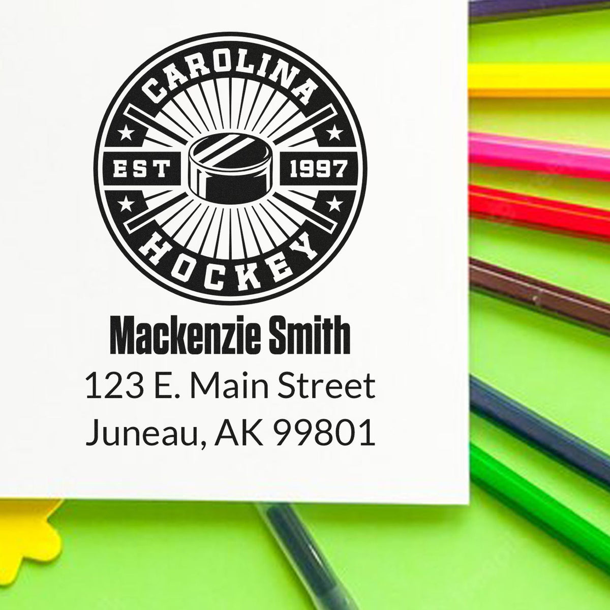Custom Carolina Hockey rubber stamp with name, address, and team logo for personalized mailing and branding.