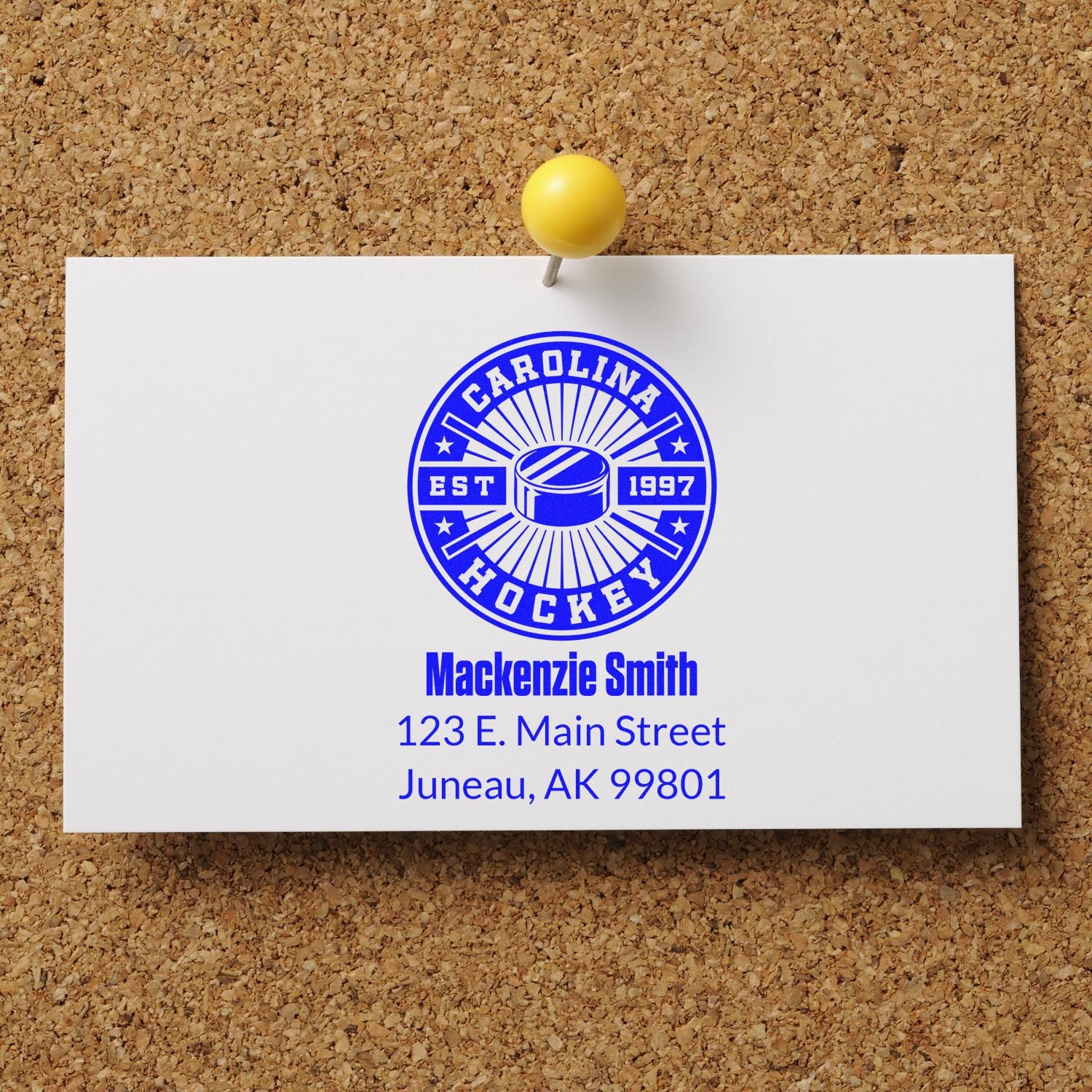 Personalized hockey rubber stamp with name and address for custom return address or team stationery.