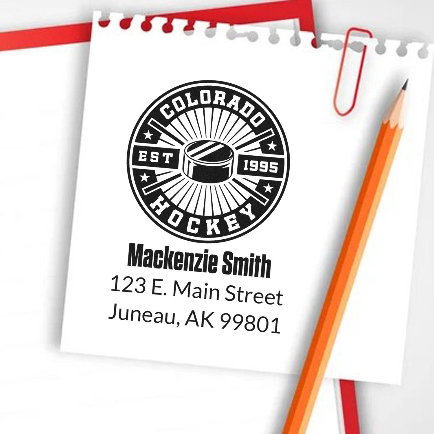 Custom Colorado Hockey rubber stamp with team logo, Mackenzie Smith name, and Juneau, AK address.