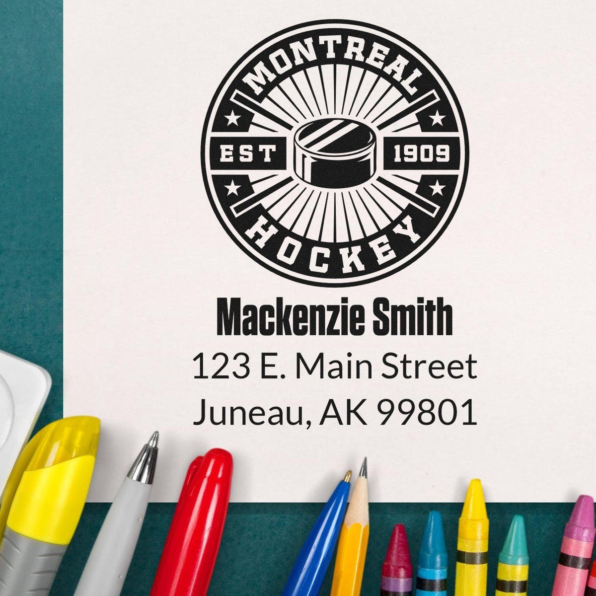 Custom hockey return address rubber stamp with Montreal Hockey logo, Mackenzie Smith, and Juneau, AK mailing address imprint.