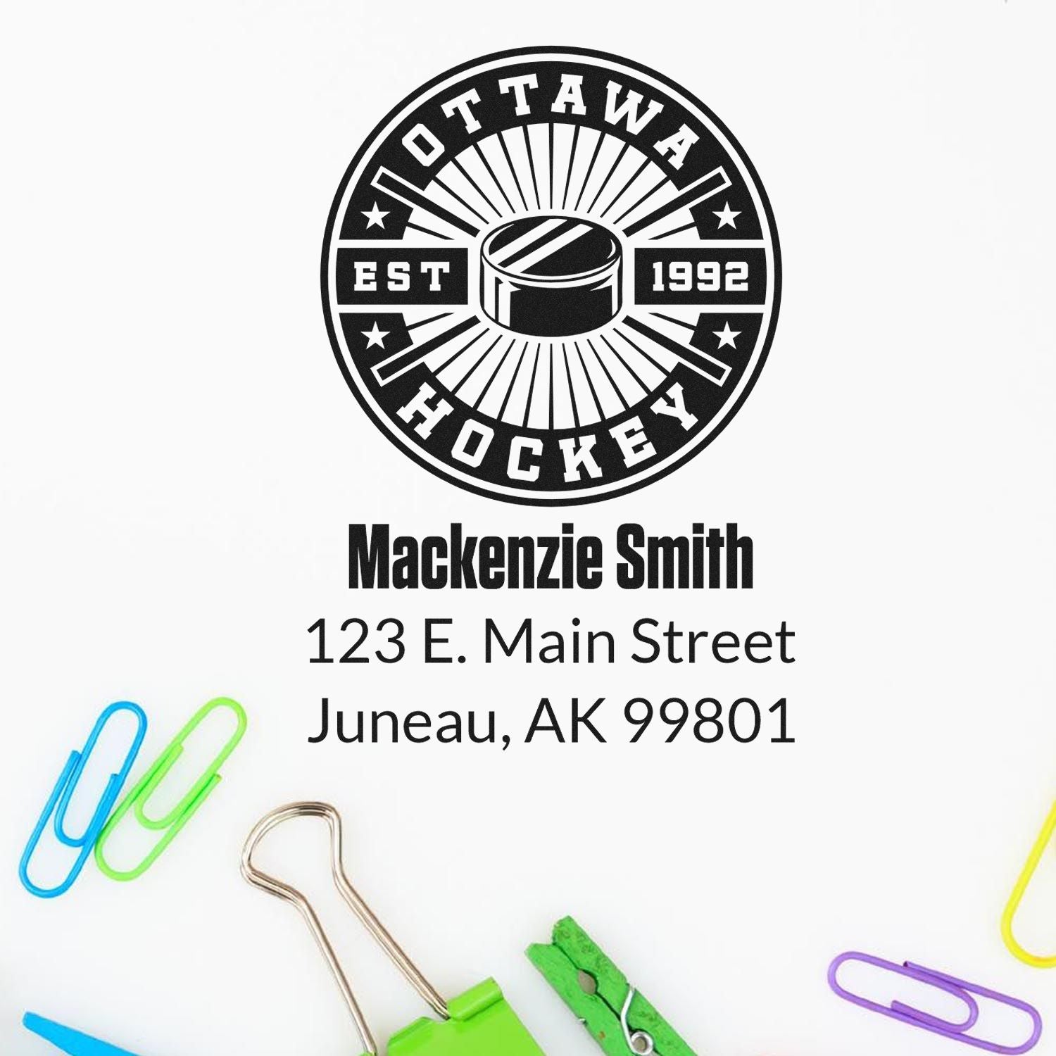 Personalized Ottawa Hockey return address rubber stamp for Mackenzie Smith, Juneau, AK 99801, with EST 1992 logo.
