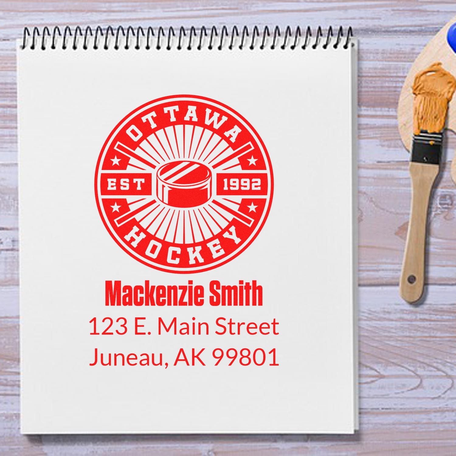 Personalized Ottawa Hockey return address rubber stamp with name and address for custom stationery and packaging.