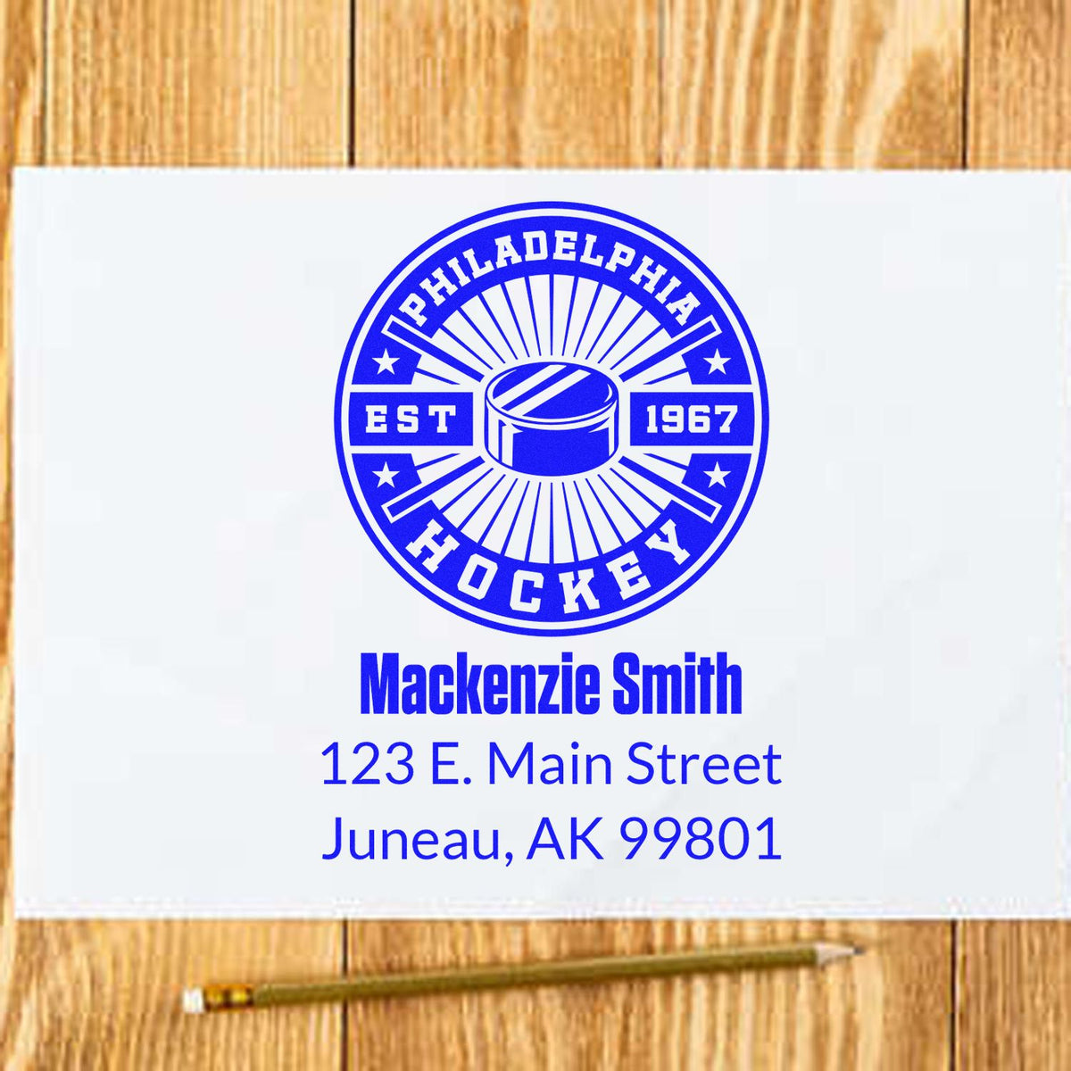 Custom hockey return address rubber stamp with Philadelphia Hockey EST 1967 and MacKenzie Smith, Juneau, AK