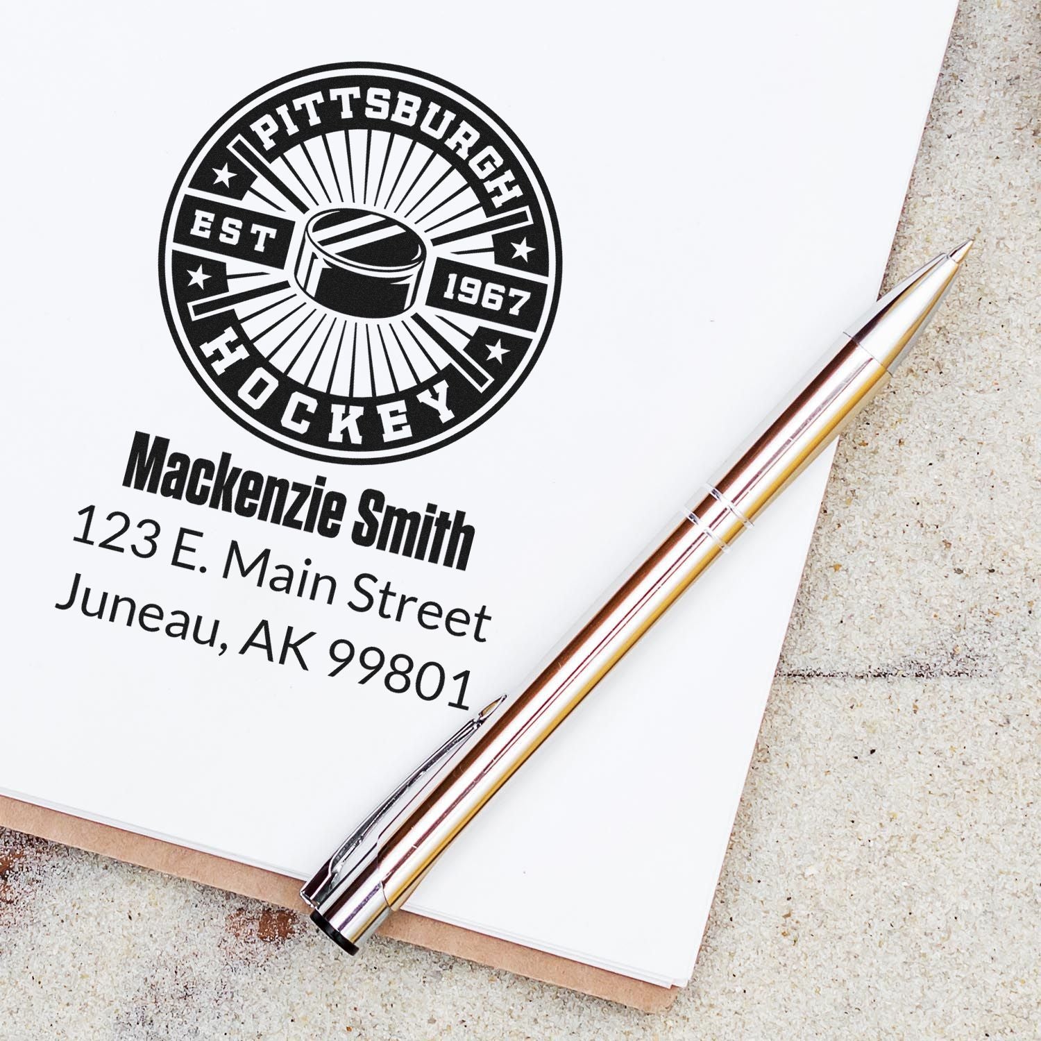 Personalized Pittsburgh hockey rubber stamp design with return address, name, and logo for custom stationery.