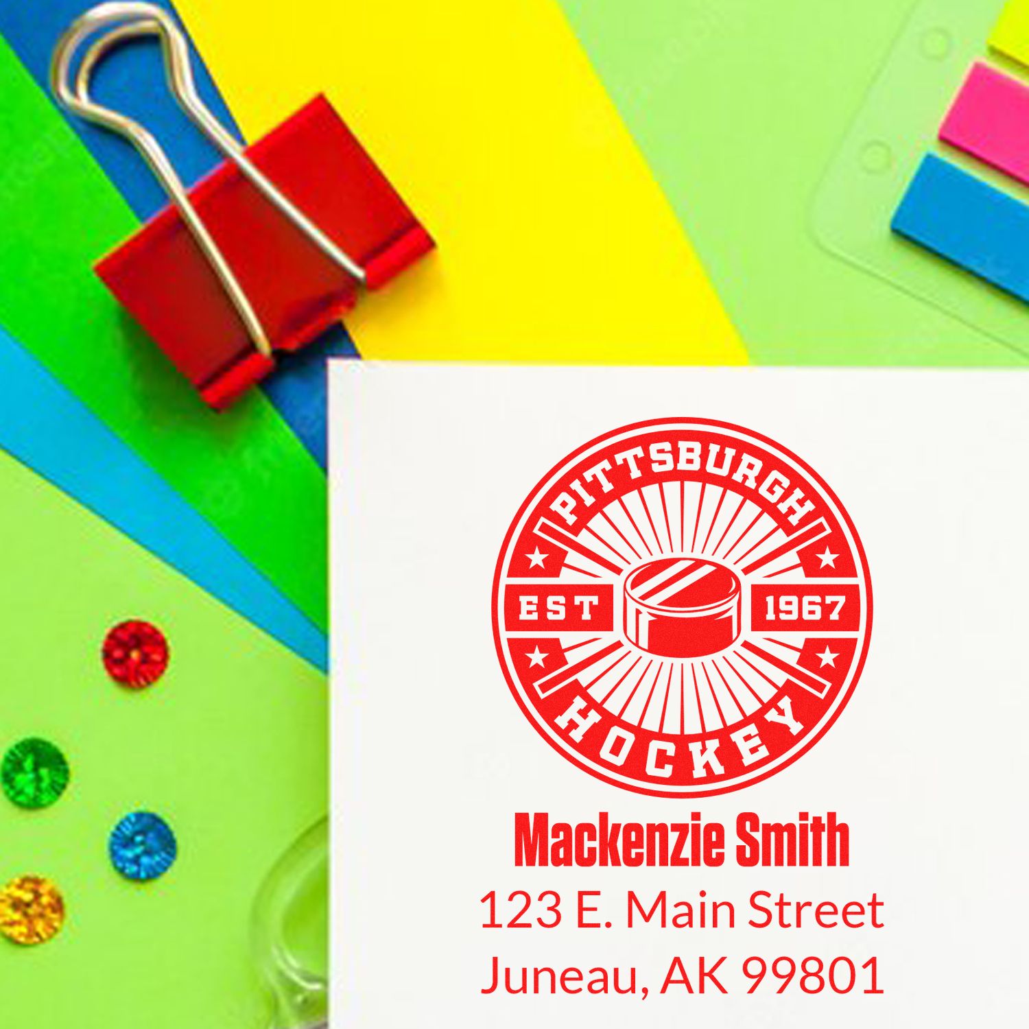 Personalized Pittsburgh Hockey rubber stamp with Mackenzie Smith name and Juneau, AK address on colorful stationery.