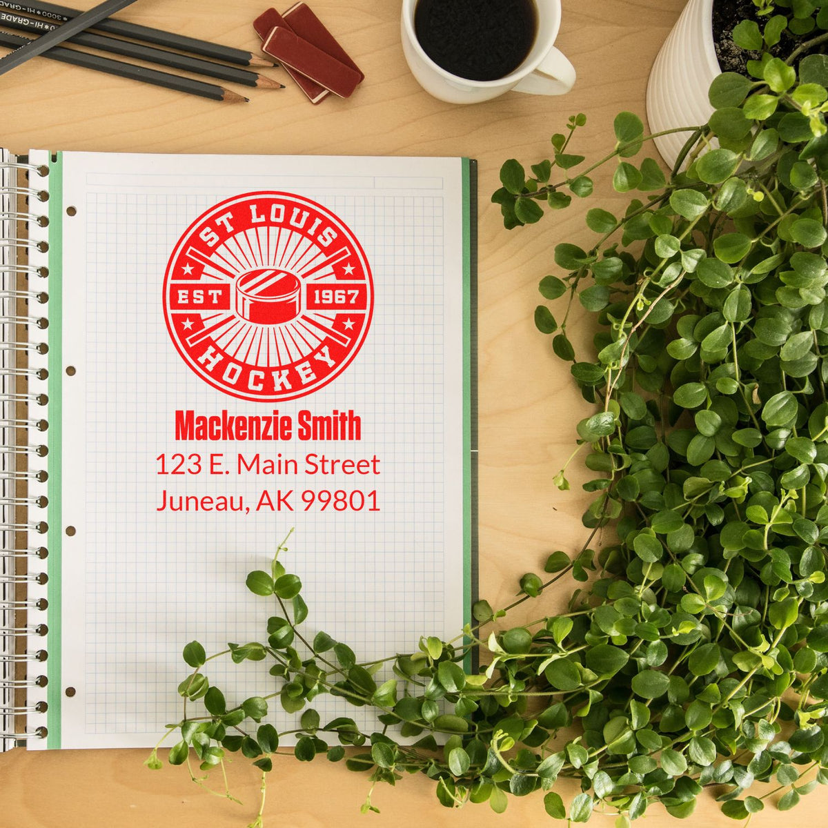 Custom return address rubber stamp mockup with St. Louis hockey logo, Mackenzie Smith, and Juneau address.