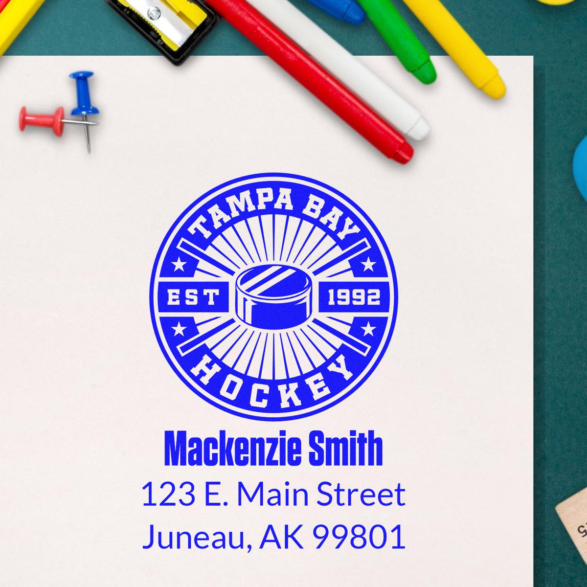 Custom hockey rubber stamp for personalized mailing, featuring Tampa Bay Hockey logo, Mackenzie Smith, and Juneau, AK address.