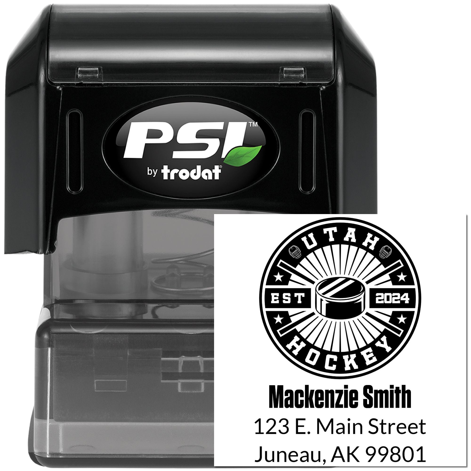 Custom self-inking rubber stamp with Utah Hockey logo, name, and address by PSI by Trodat
