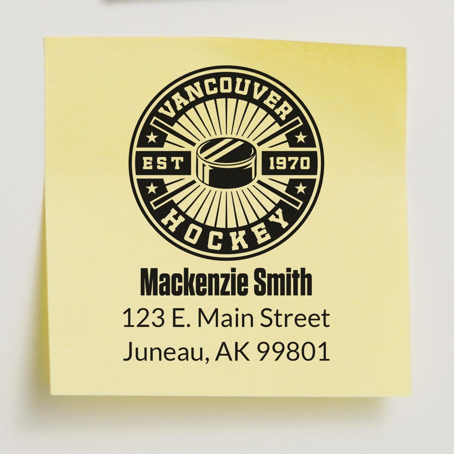 Custom Vancouver Hockey return address rubber stamp for Mackenzie Smith, Juneau, AK 99801.