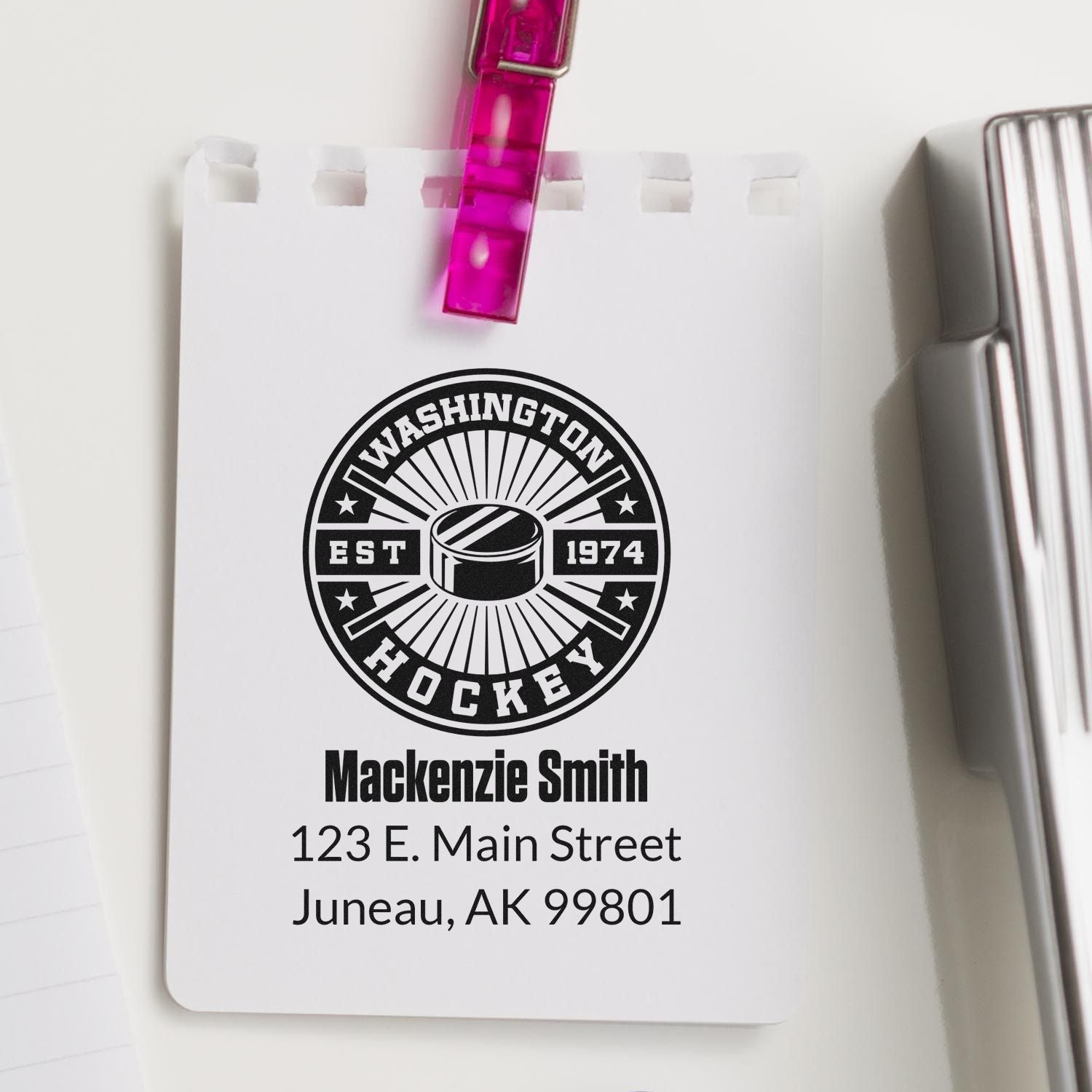 Custom hockey rubber stamp with name and address, ideal for personalized stationery and return mail.