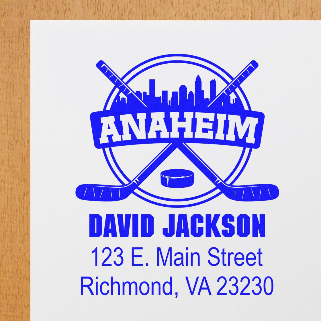Custom Anaheim hockey rubber stamp for David Jackson with crossed sticks, skyline logo, and Richmond, VA address.