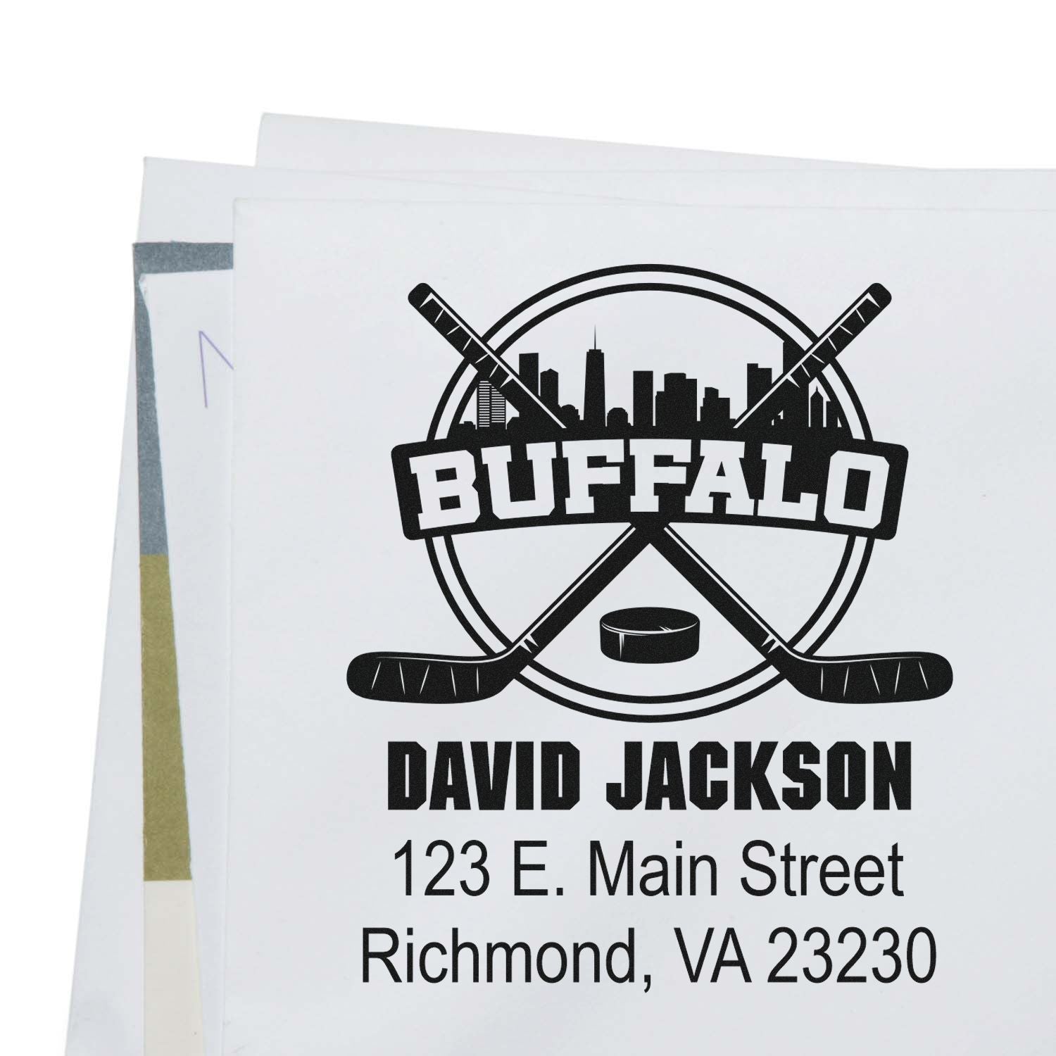 Personalized Buffalo hockey rubber stamp with name and address for custom return address or business mail.