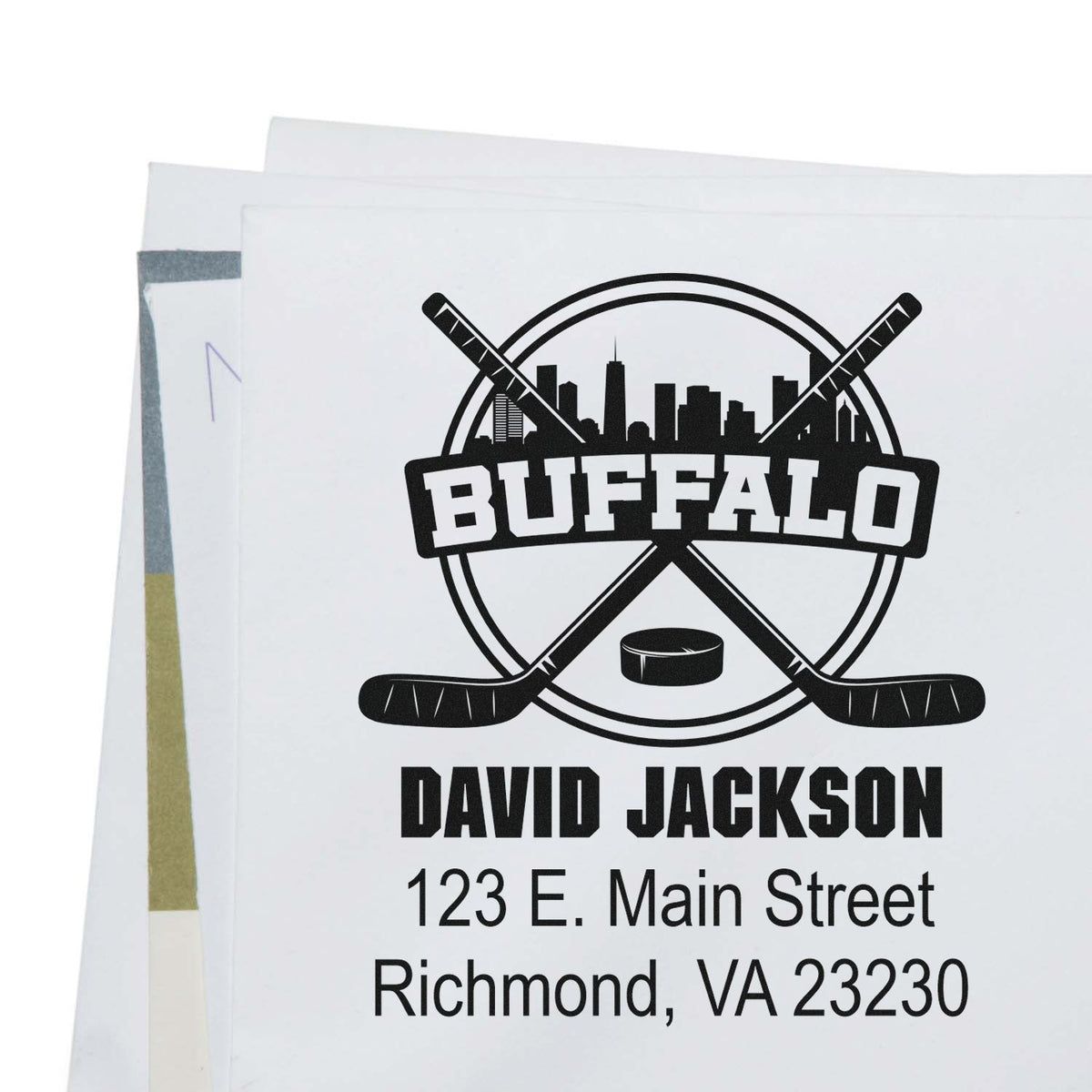 Custom Buffalo hockey return address rubber stamp with David Jackson, Richmond, VA 23230.