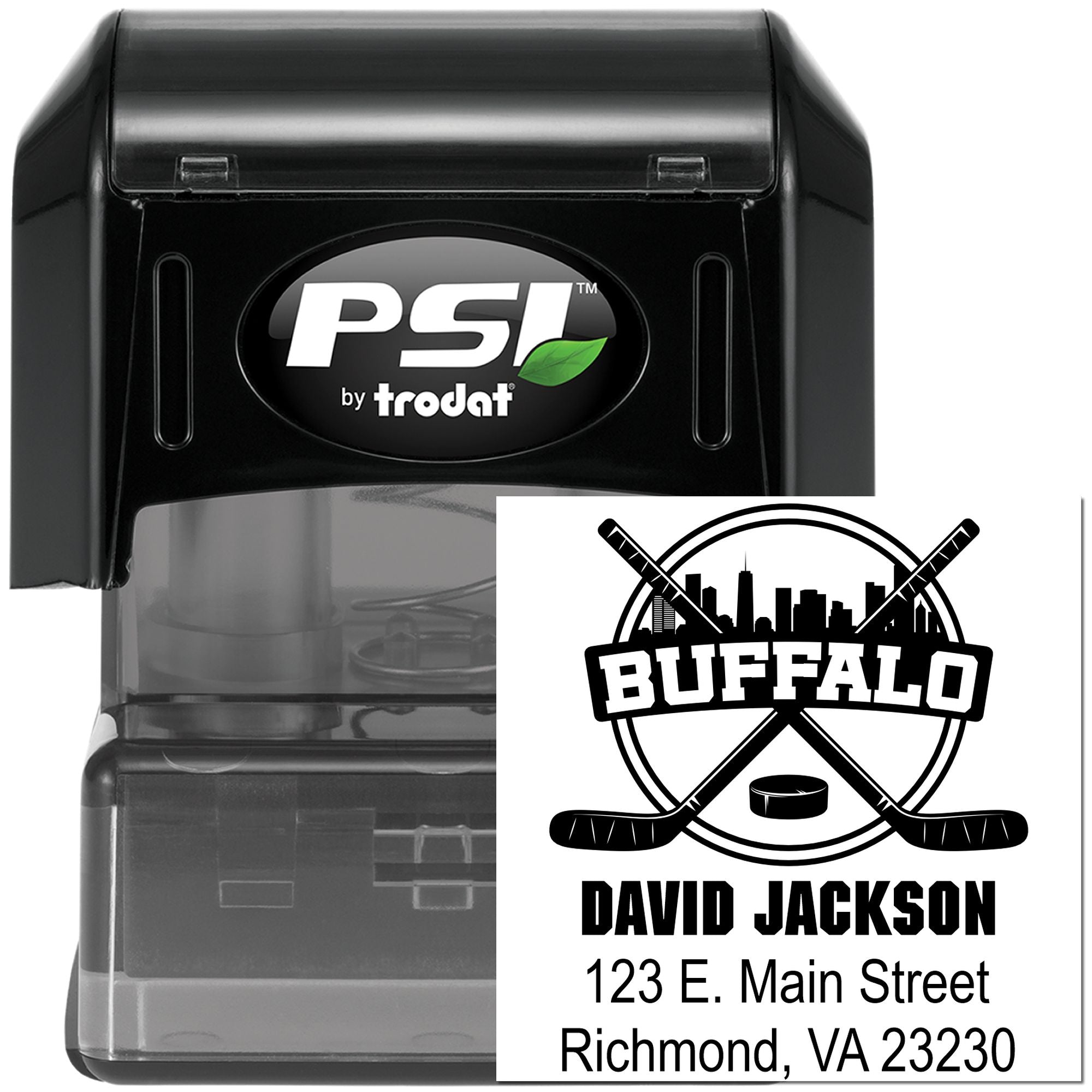 Custom self-inking rubber stamp with Buffalo hockey logo, name, and address by PSI Trodat