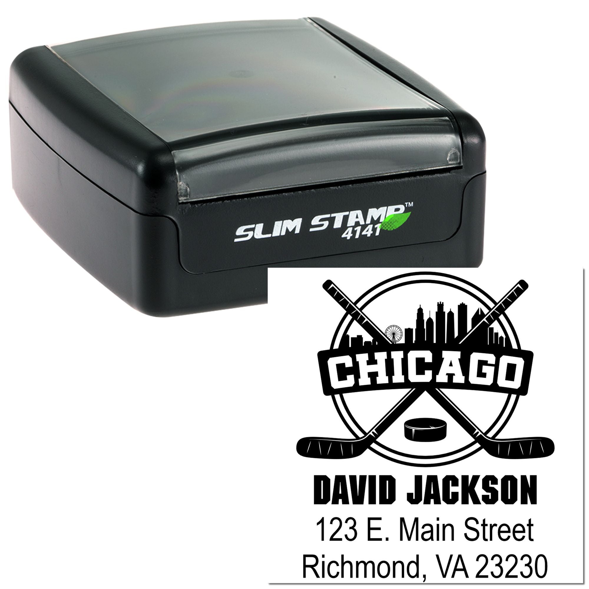 Custom self-inking rubber address stamp with hockey logo, name, and mailing address