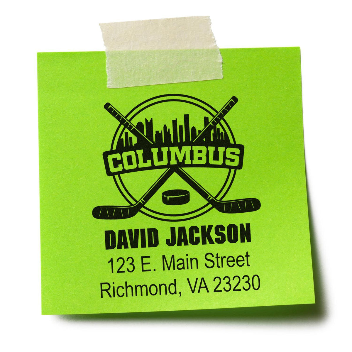 Custom hockey return address rubber stamp with Columbus logo, David Jackson name, and Richmond, VA address.