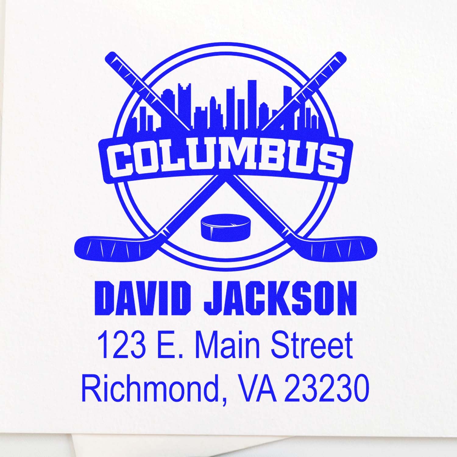 Personalized hockey rubber stamp for David Jackson with Columbus logo and return address, Richmond, VA 23230