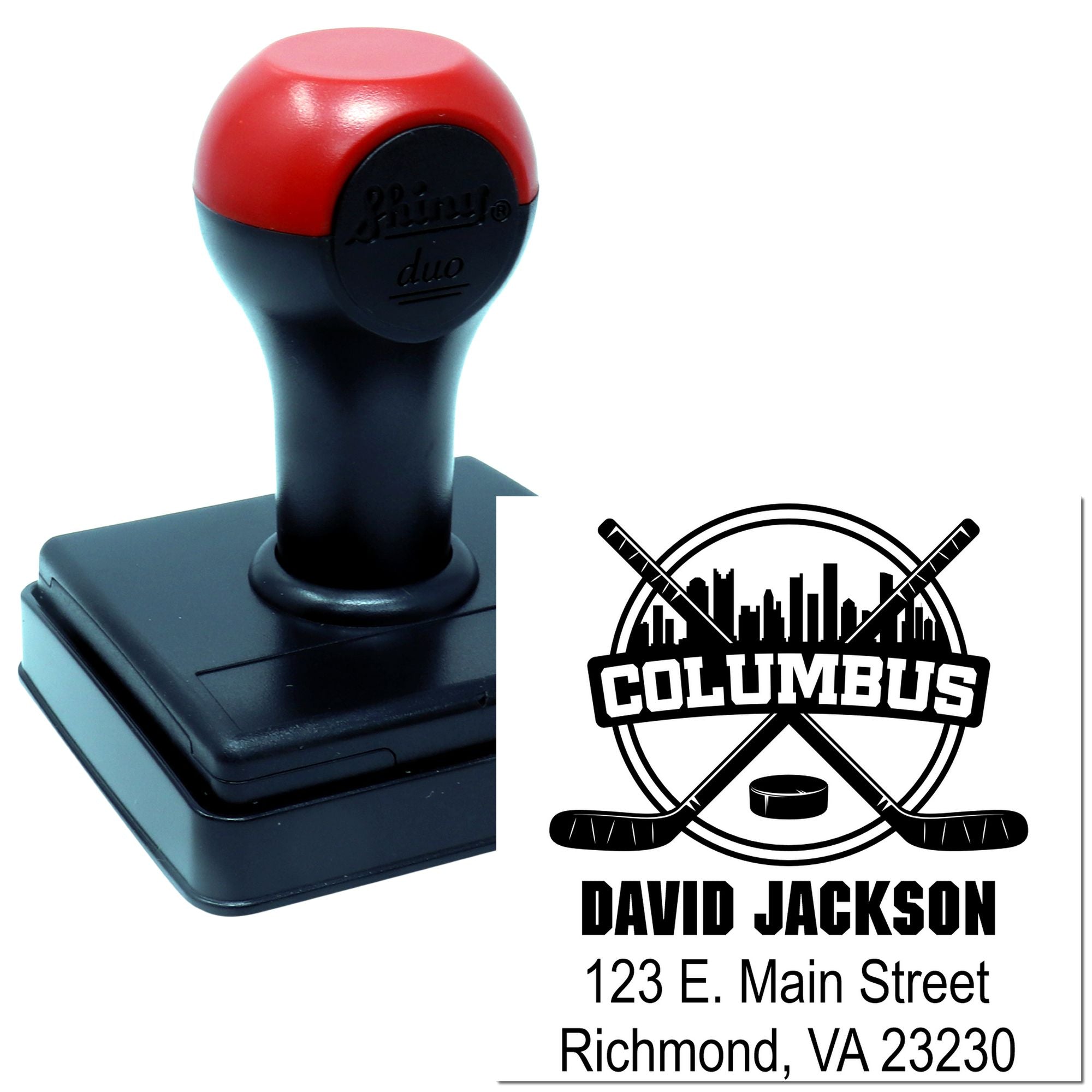 Custom hockey rubber stamp with Columbus logo, David Jackson name, and return address.