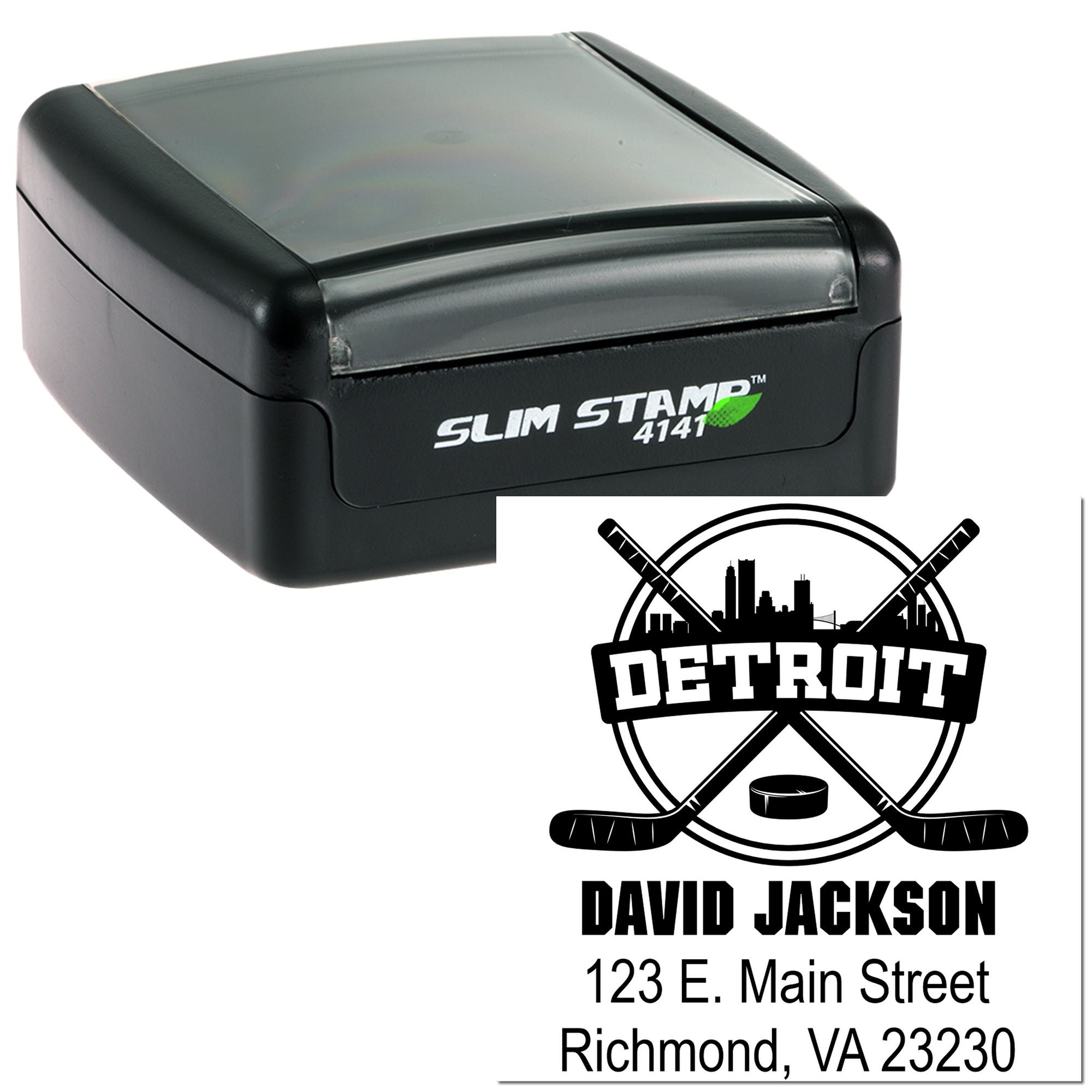 Custom Detroit hockey address rubber stamp in Slim Stamp 4141 case for personalized self-inking mailing and branding.