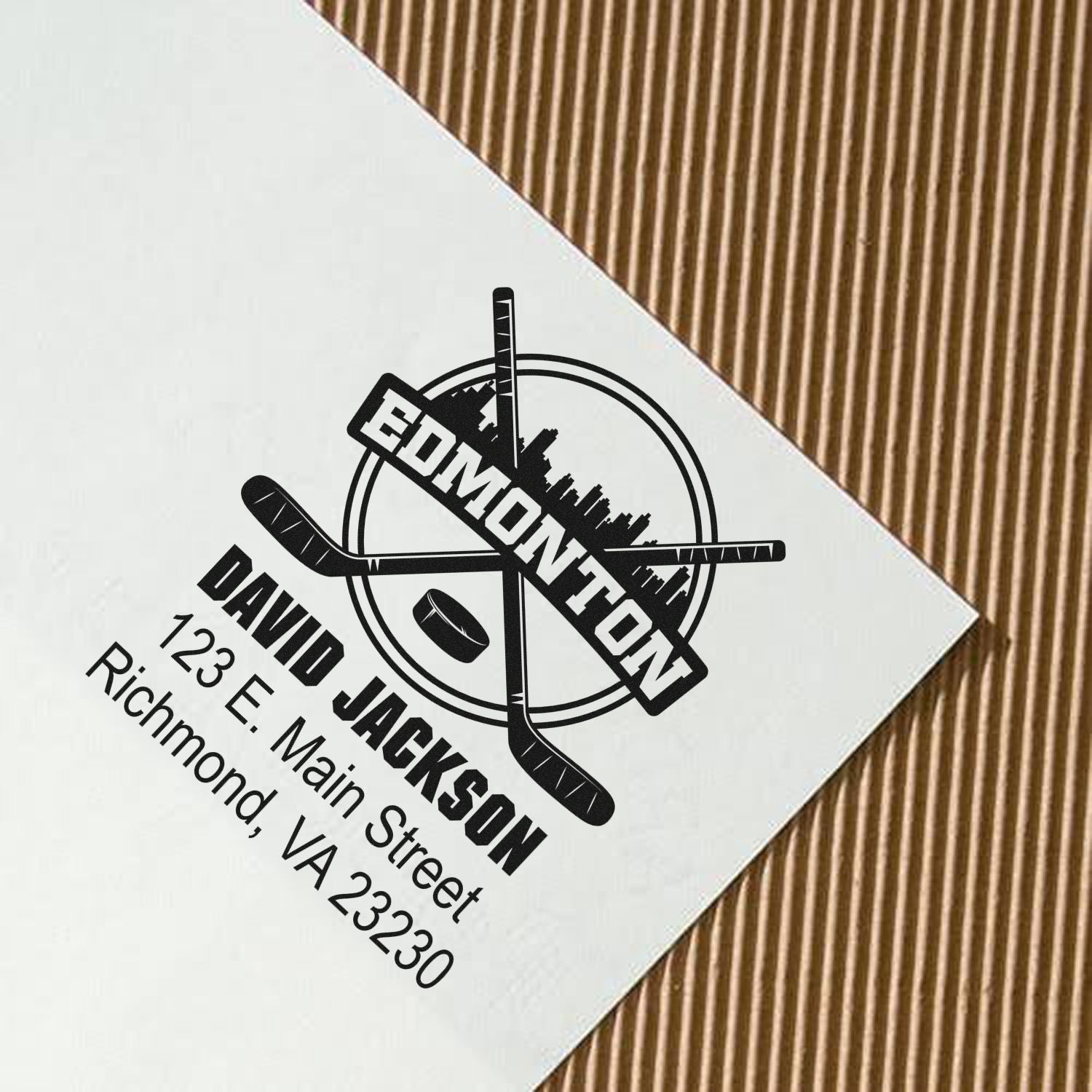 Custom hockey rubber stamp for David Jackson with Edmonton logo and Richmond, VA 23230 return address.