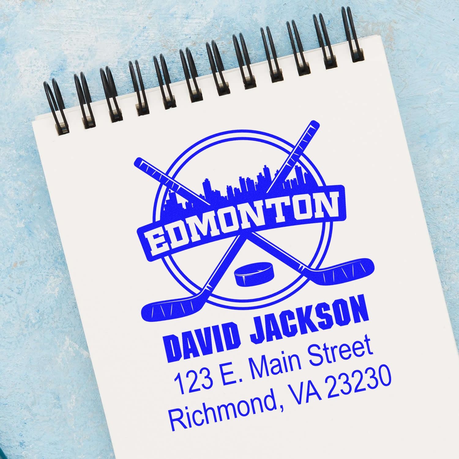 Custom Edmonton hockey return address rubber stamp for David Jackson, Richmond, VA 23230