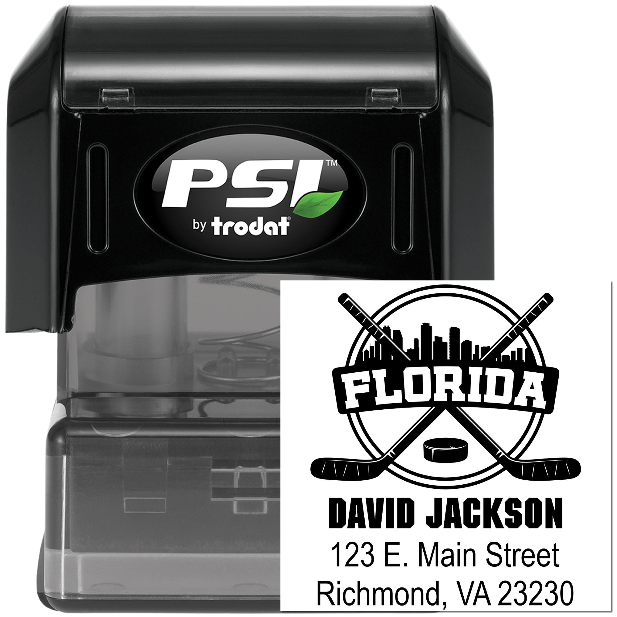 Custom self-inking rubber stamp by PSI Trodat with Florida hockey logo, name, and address for personalized sports mailings.