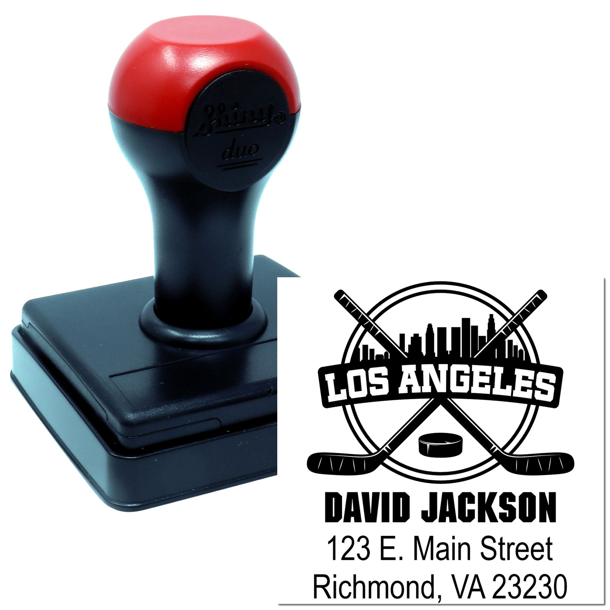 Custom self-inking rubber stamp with hockey logo, name, and address for personalized business or sports branding.