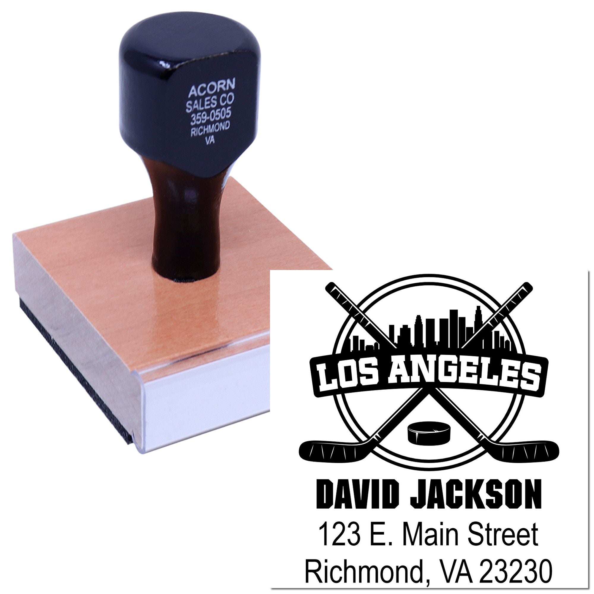 Custom hockey rubber stamp with logo, name, and address for personalized mailing and branding.