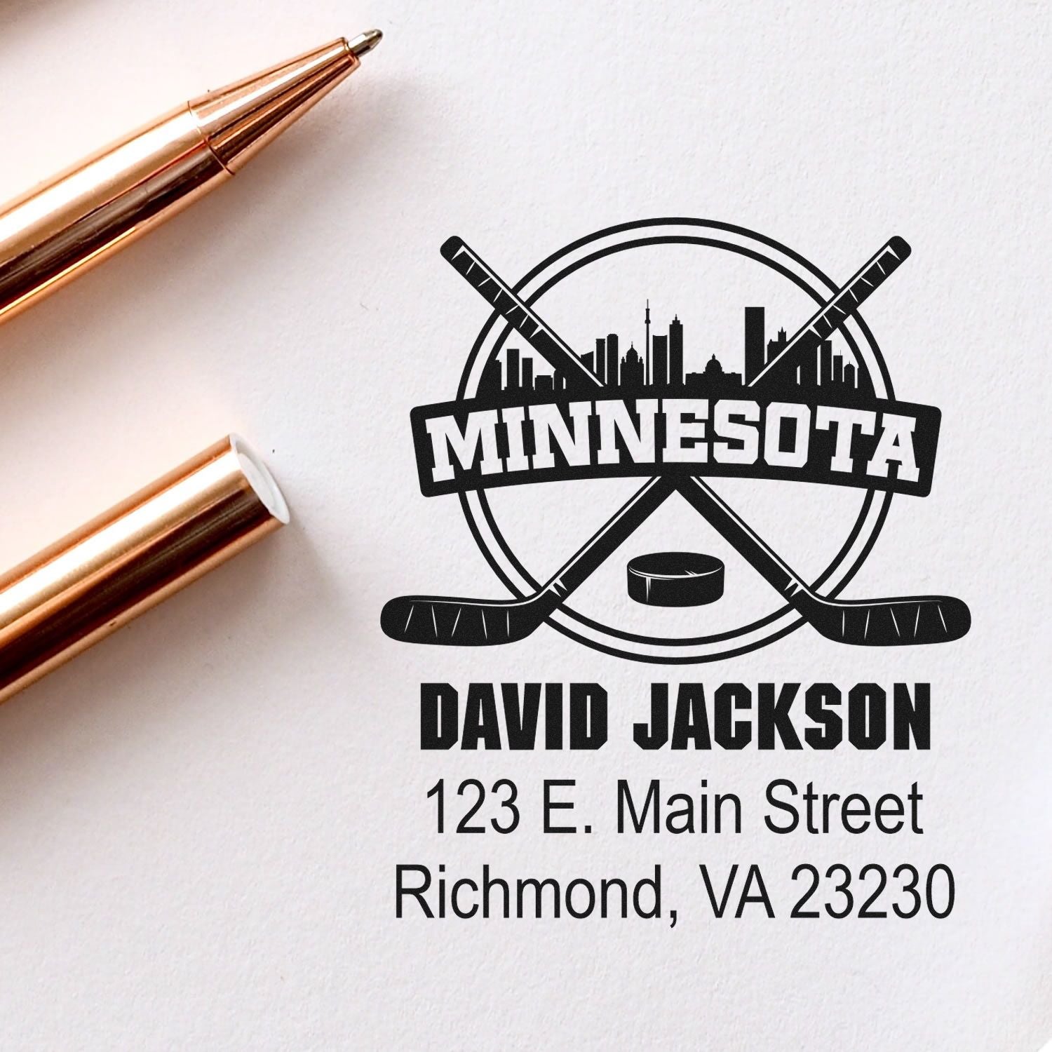 Custom Minnesota hockey return address rubber stamp for David Jackson with Richmond, VA address.
